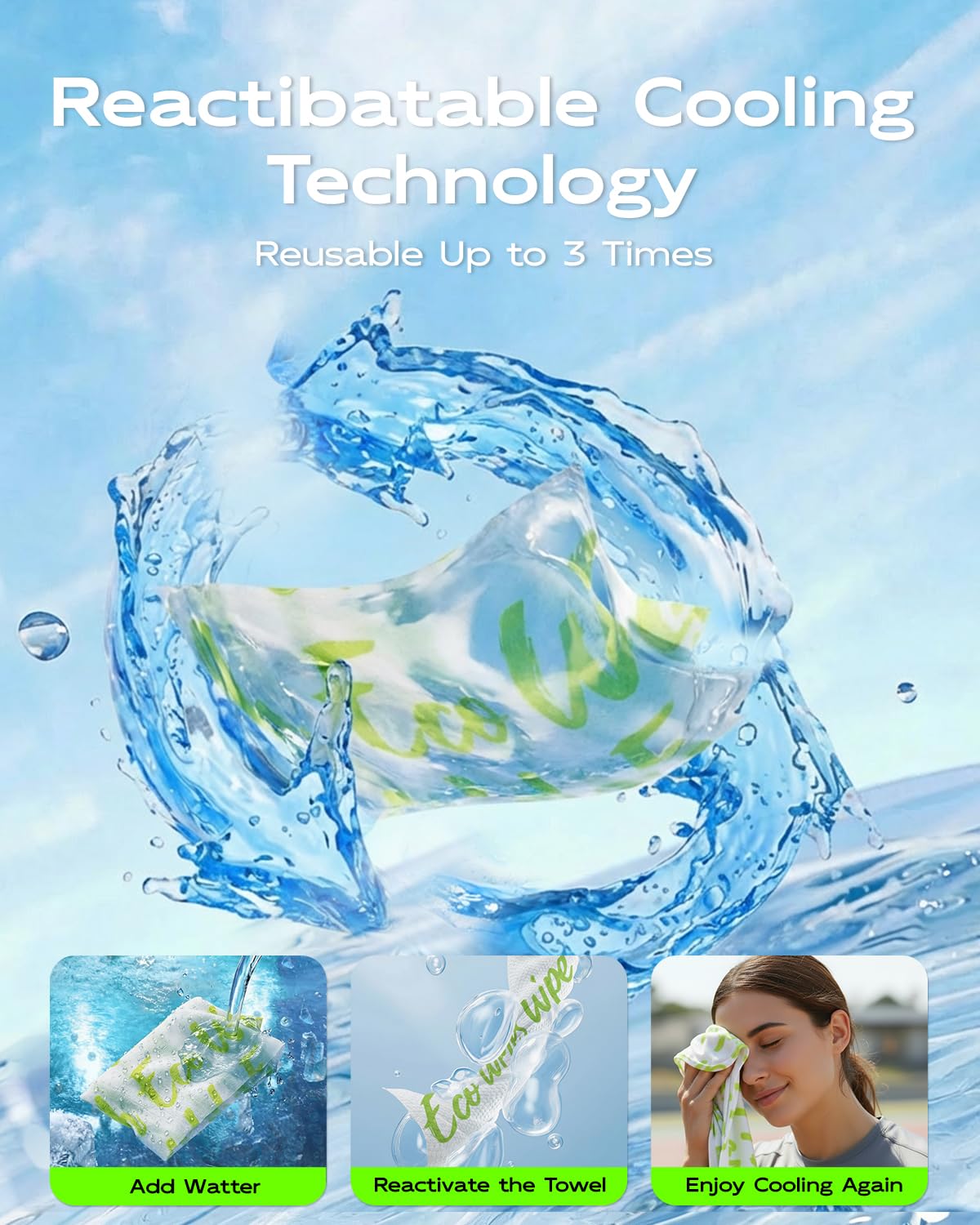 CoolRush asciugamano rinfrescante, fascia per collo di ghiaccio per calore estremo, grande pulizia del corpo rinfrescante senza risciacquo, stracci bagnati per allenamento, lago, passeggiate, pesca