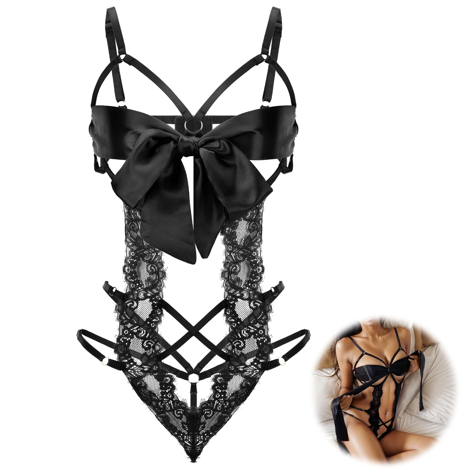 Women Sexy Lingerie Set Unwrap Me Bow Tie Lingerie Lace Smooth Ribbon Lingerie for Ladies Valentines Outfit