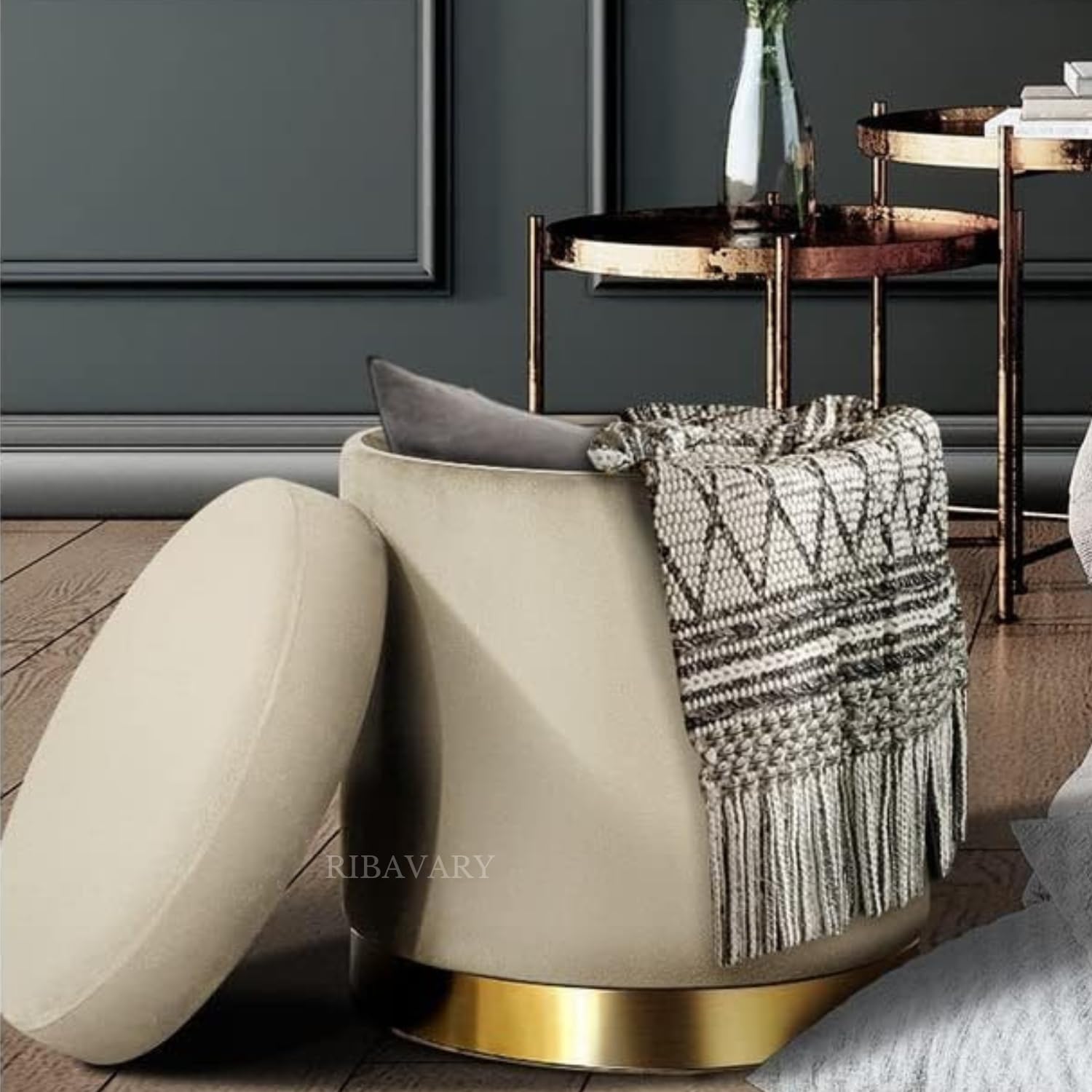 RIBAVARY Velvet Luxurious Round Ottoman Storage Box Velvet Pouffe Footstool Padded Stool Seat with Wooden Base, Footrest Vanity Stool for Bedroom Living Room Balcony Snack (with Storage, Cream) (B0CZTQ6BJ6) Amazon Price History, Amazon Price Tracker