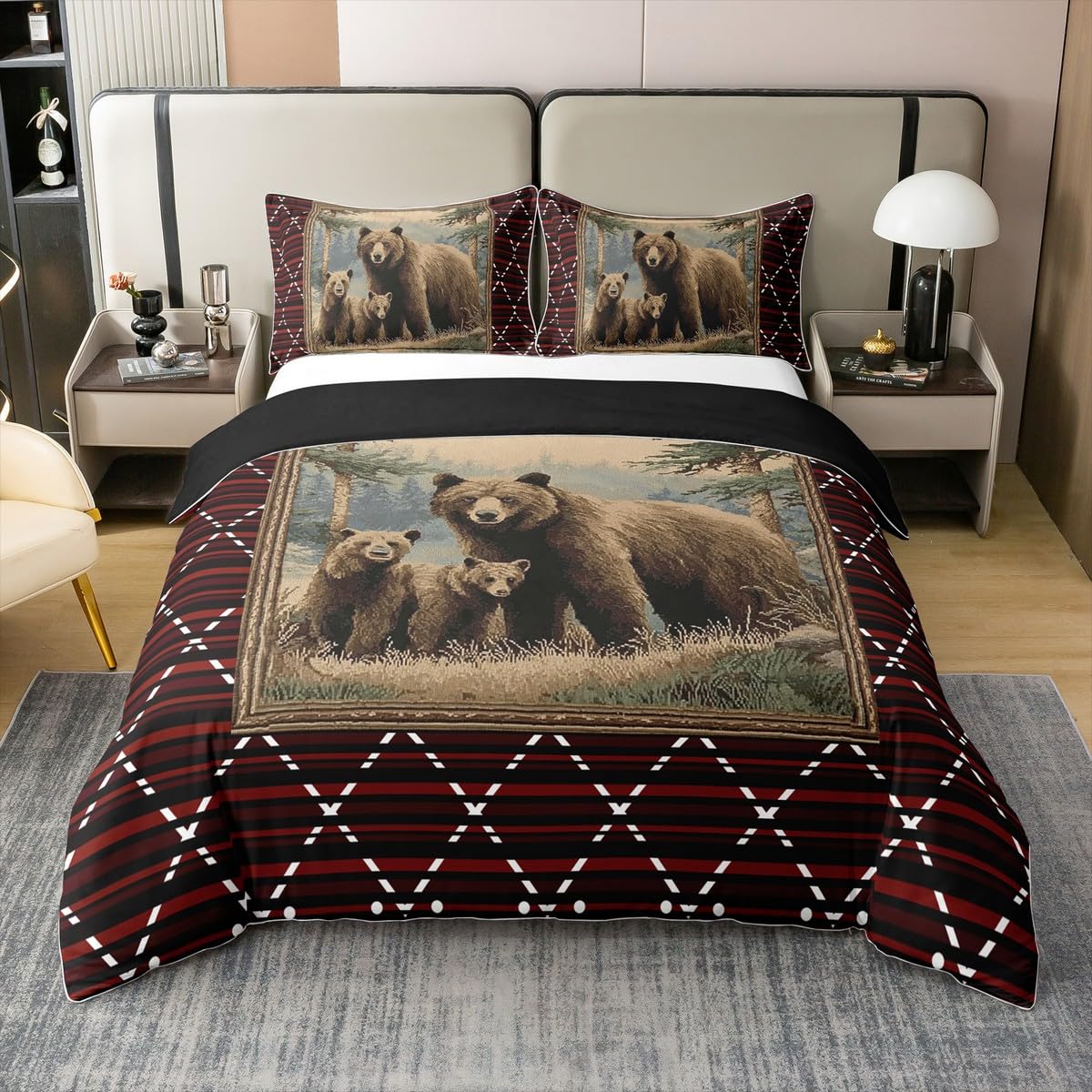 Homewish Jagd Bärenmuster Baumwollbettwäsche 135x200 Rustikale Hütte Abenteuer Bettbezug Jugendliche Land Bauernhaus Bettwäsche Geometrischer Diamant Bedding Wohndekor 2 Teilig