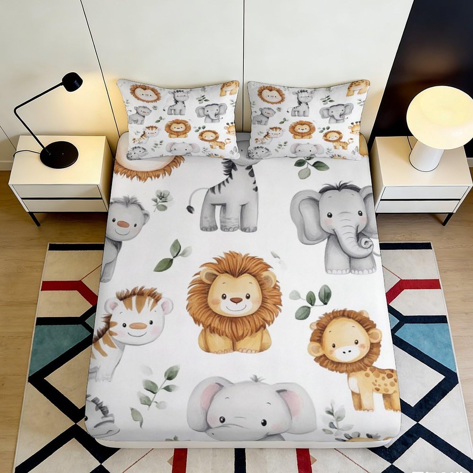 3D Printed Cartoon Safari Animals Fitted Sheet Microfiber Soft Anti-Slip Zoo Mattress Cover for Bedroom Guestroom Decor 90x200x25cm