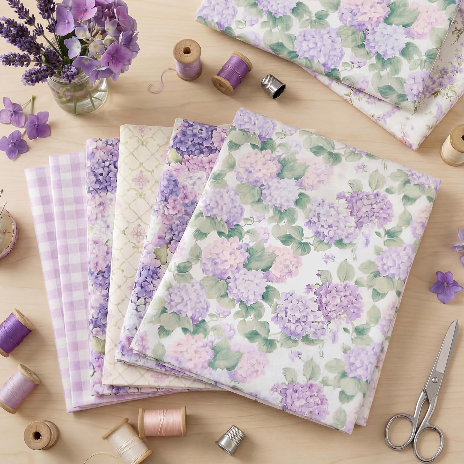 Tudomro 10 Pcs Hydrangea Floral Fabric Squares 20 x 20 Inch Cotton Vintage Purple Floral Quilting Fabric Butterfly Gingham Fat Quarters Bundles Spring Precut Patchwork for Sewing Quilting DIY Crafts — view 4