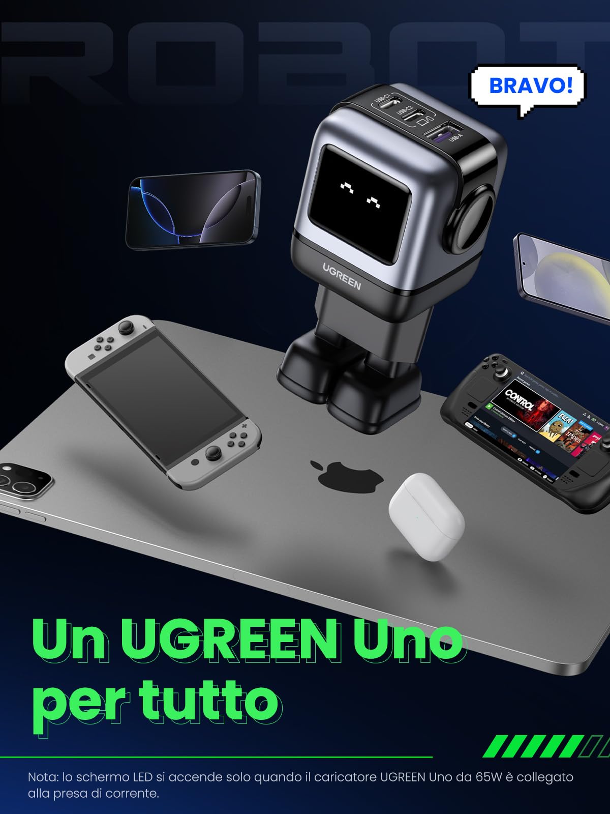 UGREEN Uno Caricatore USB C 65W GaN, Caricabatterie Robot a 3 Porte Carica Rapida Compatibile con MacBook PRO, iPhone 16 Plus Pro Max, Galaxy S24/S23, Pixel 8, Steam Deck, ROG Ally ecc Nero