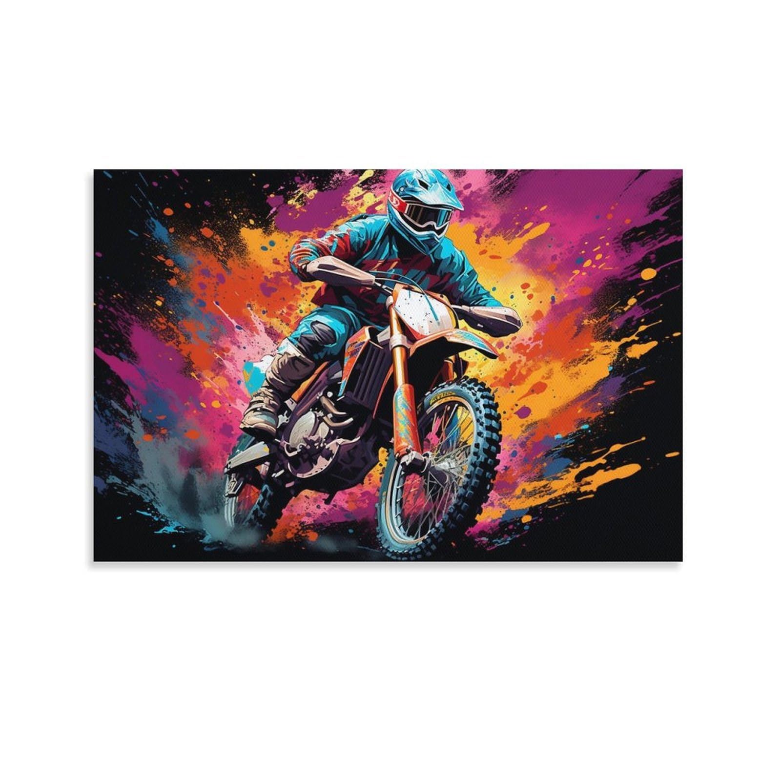 CPLVKWRQJ Bright Magical Colorful Individual Motocross Paint Splash Art Canvas Wall Decor - Nursery Wall Hanging Space Saving Removable Ready to Hang 16x24inch(40x60cm)