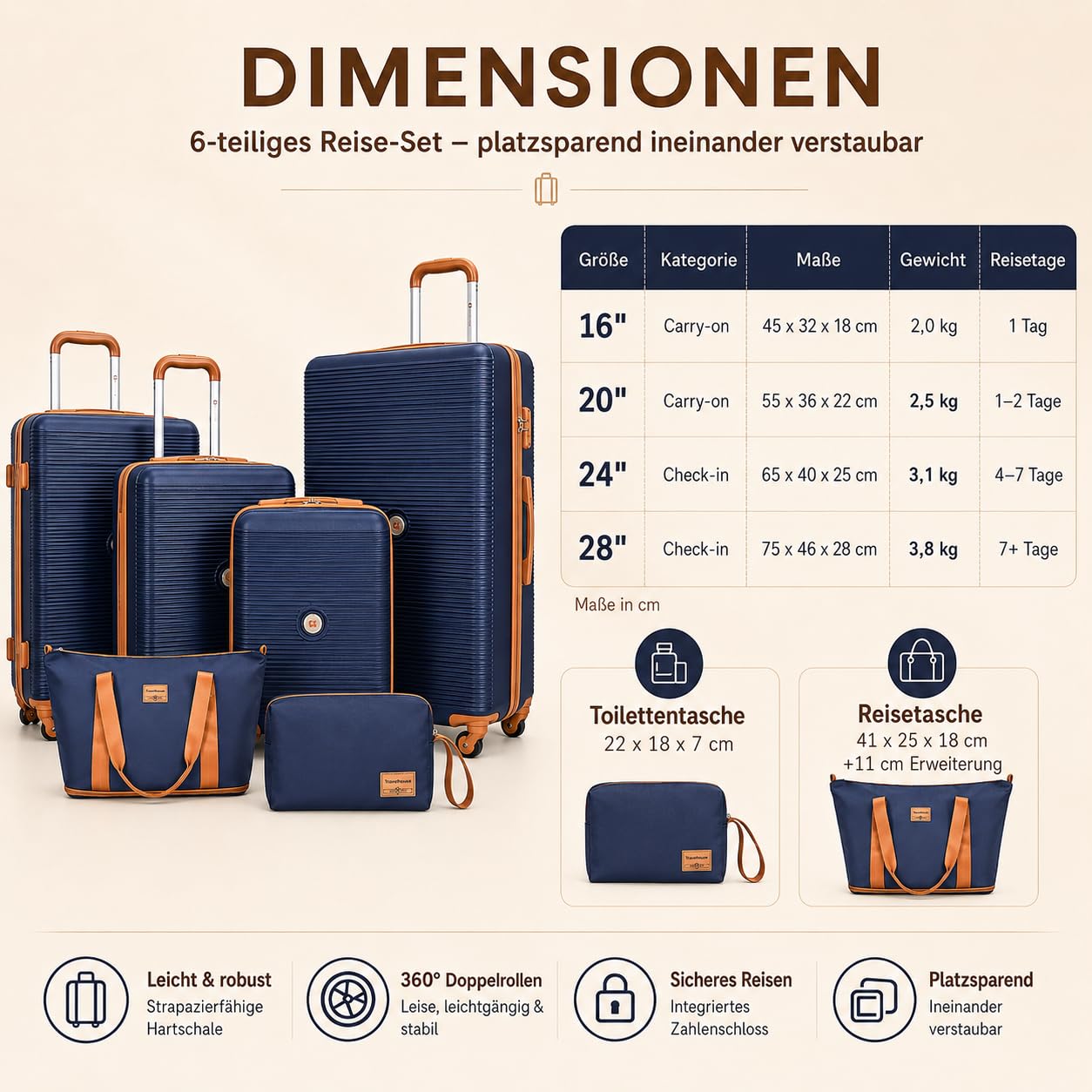 Travelhouse Bari - Set di 6 bagagli, 4 valigie con ruote, borsa da viaggio e kit WC, custodia rigida, navy / blu, Länge: 77 cm, Breite: 28.5 cm, Höhe: 51 cm, Set di valigie