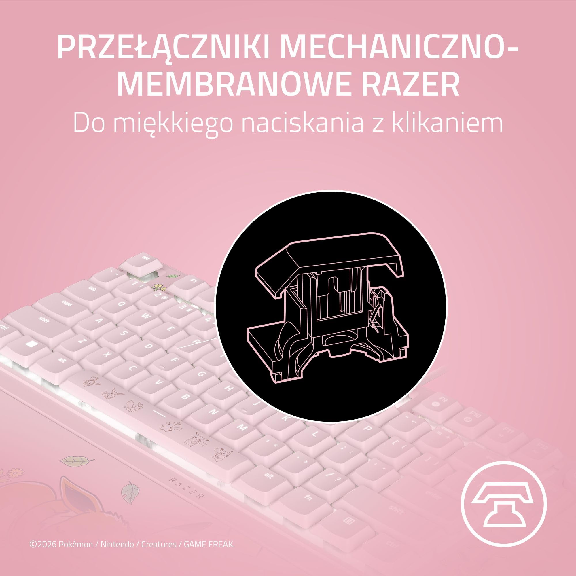 Razer Ornata V3 Tenkeyless Pokémon Pikachu & Eevee - Kompaktowa, płaska klawiatura do gier - Podświetlenie Chroma - Dedykowane multimedialne - klawiszy US QWERTY | Switch membranowe