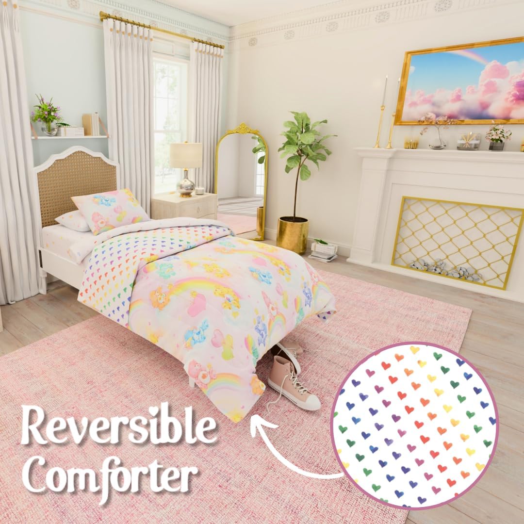 Care Bears Classic Retro Rainbow Bedding 5 Piece Super Soft Comforter and Sheet Set with Sham, Twin, (100% Official Licensed Product) By Franco Collectibles