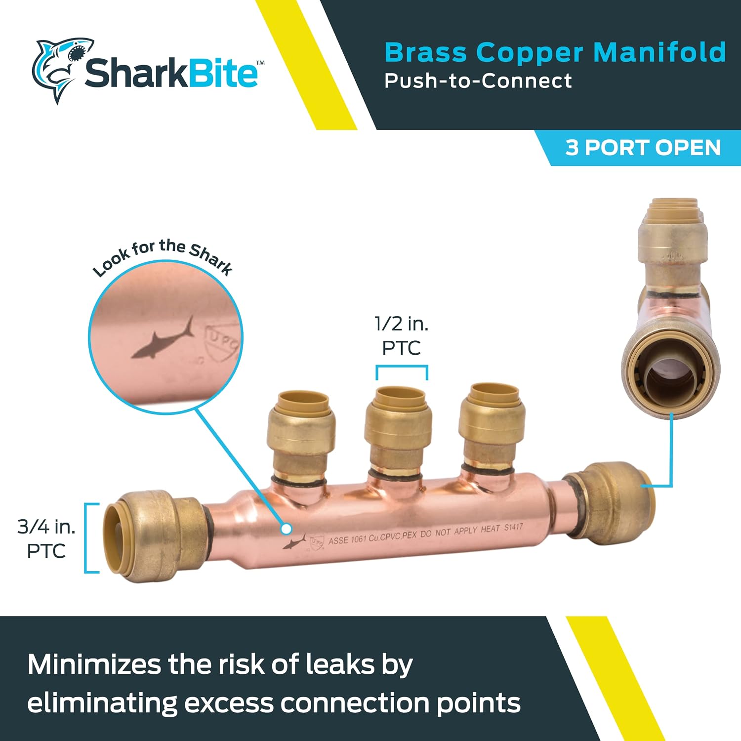 SharkBite 3/4 Inch x 1/2 Inch Outlet 3 Port Open Multi-Port Tee, Push to Connect Brass Plumbing Fittings, PEX Pipe, Copper, PVC, 25552LF
