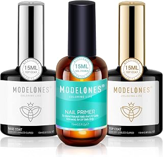 Modelones Top and Base Coat Nail Primer 15ml x 3 Gel Polish UV LED Nail Polish, Gel Nail Polish Undercoat & Top Coat Set for Nail Art Nail Kit