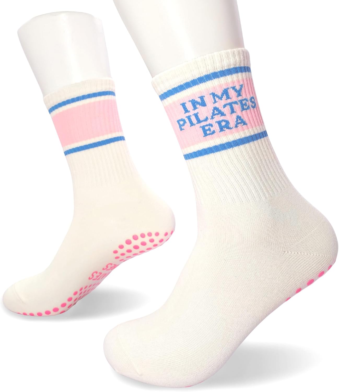Cute Pilates Grippy Socks, Pink Blue Pilate Gifts for Women, Striped Crew Grip Socks for Studio Pilate.