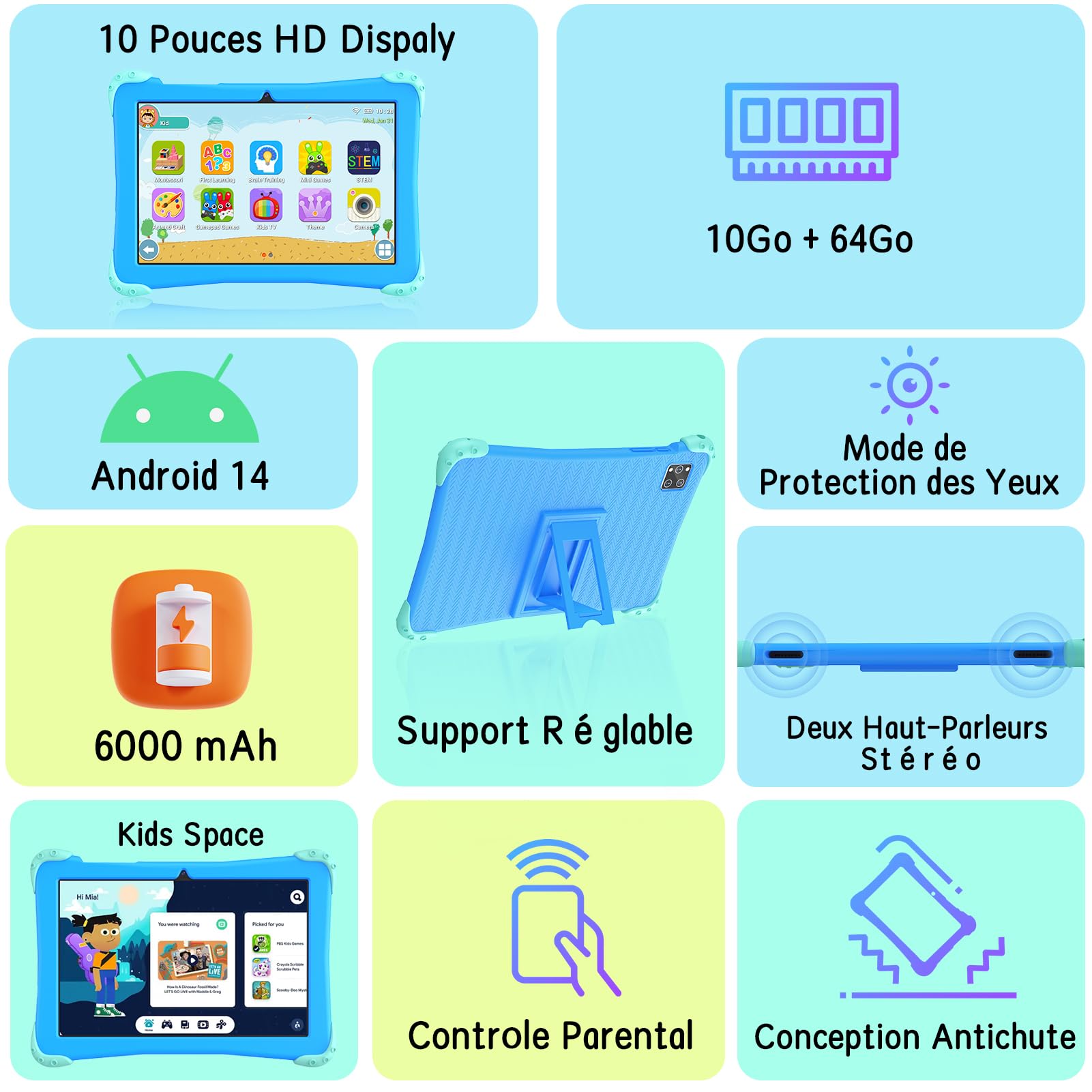 EagleSoar Tablette pour Enfants 10 pouces, Tablette Android 14 Processeur Octa-Core, Kids Tablette 3 à 12 ans, 10Go RAM + 64Go ROM, avce Logiciel Apprentissage pour Eenfants et Contrôle Parental(Bleu)