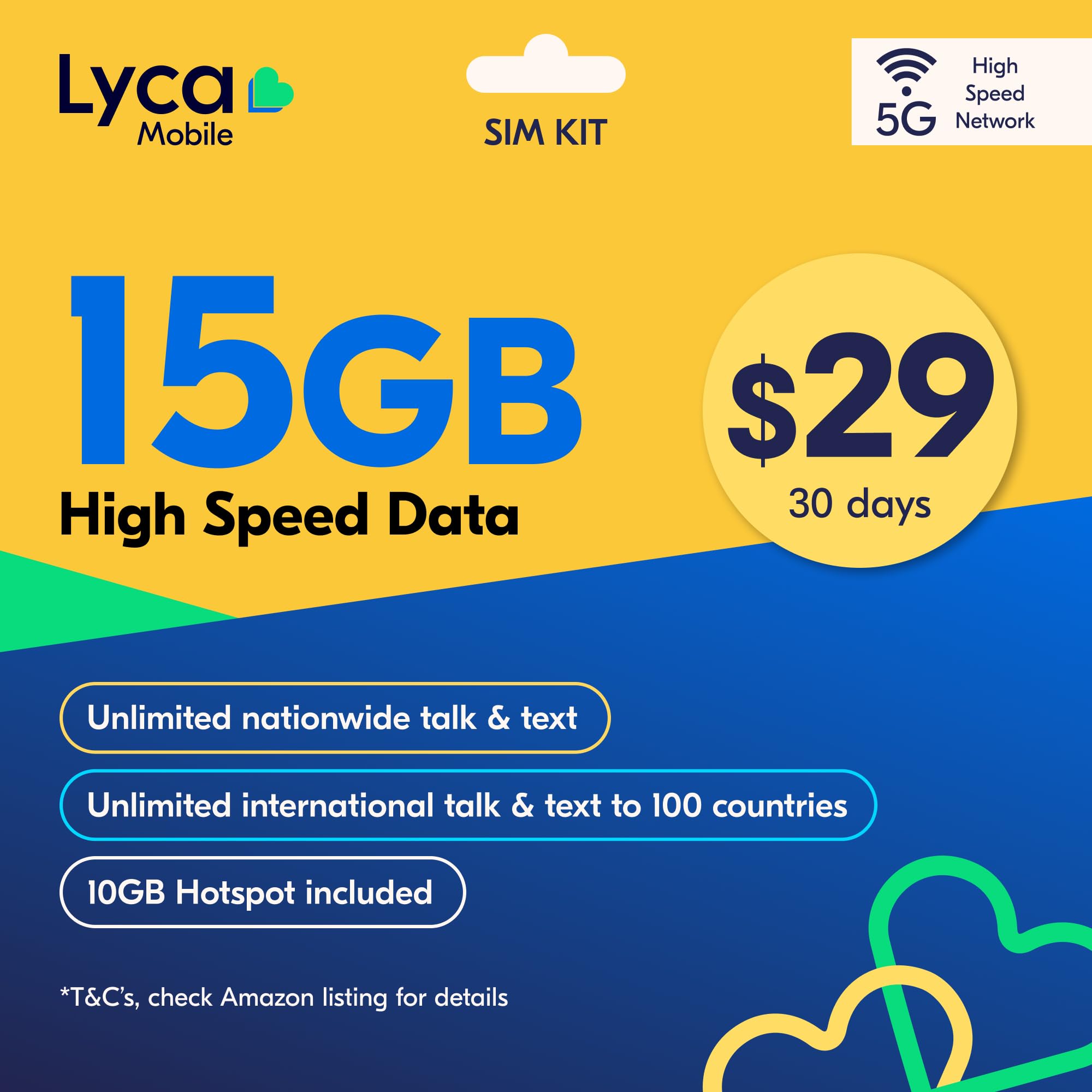 Lyca Mobile USA Prepaid 5G/4G SIM Card | $29 Plan | Unlimited Talk, Text &amp; Data | 15GB High Speed Data (10GB Hotspot) | 30 Days