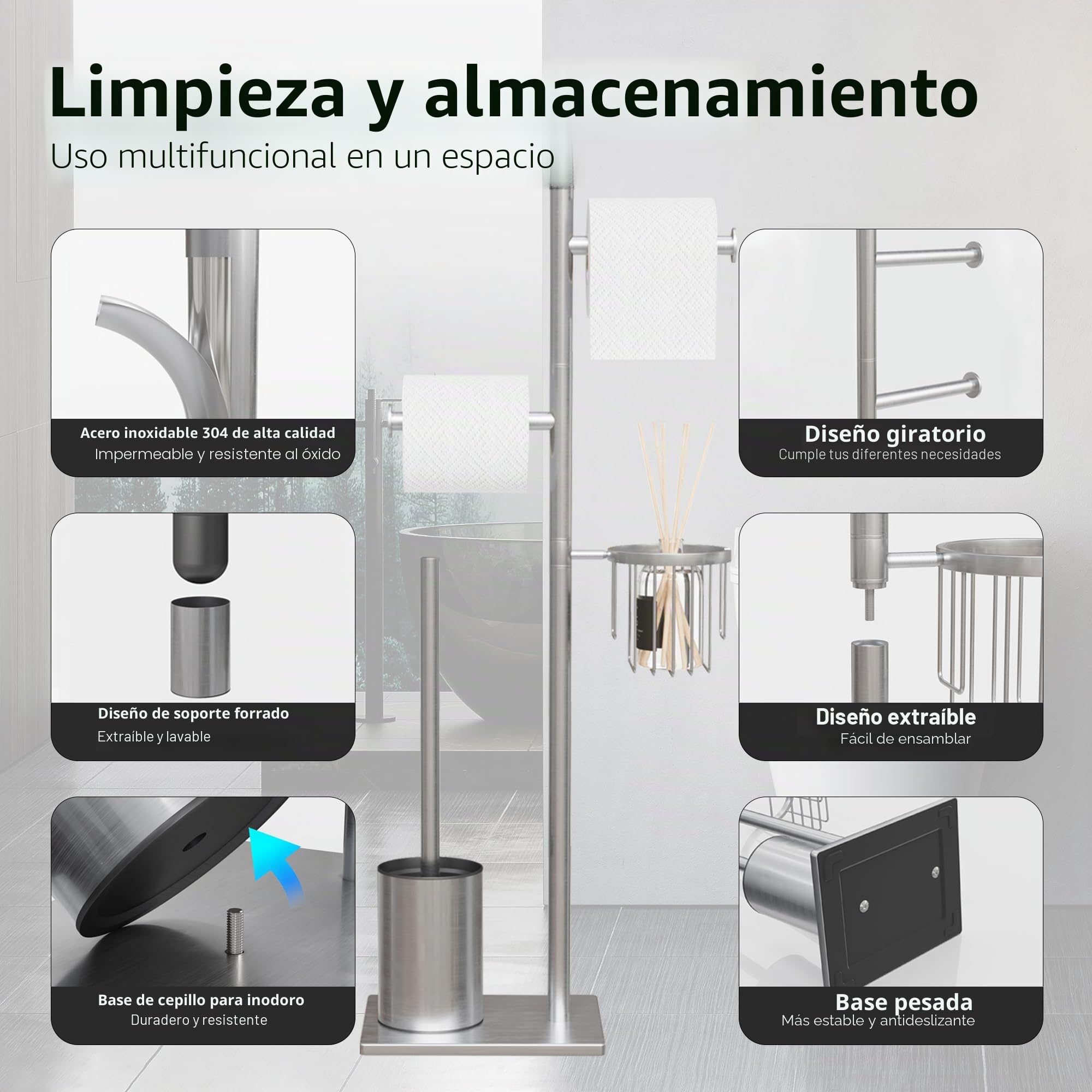 Portarrollos de Papel higiénico de baño con escobillero, Acero Inoxidable Negro y Cesta Redonda (Niquel Cepillado)