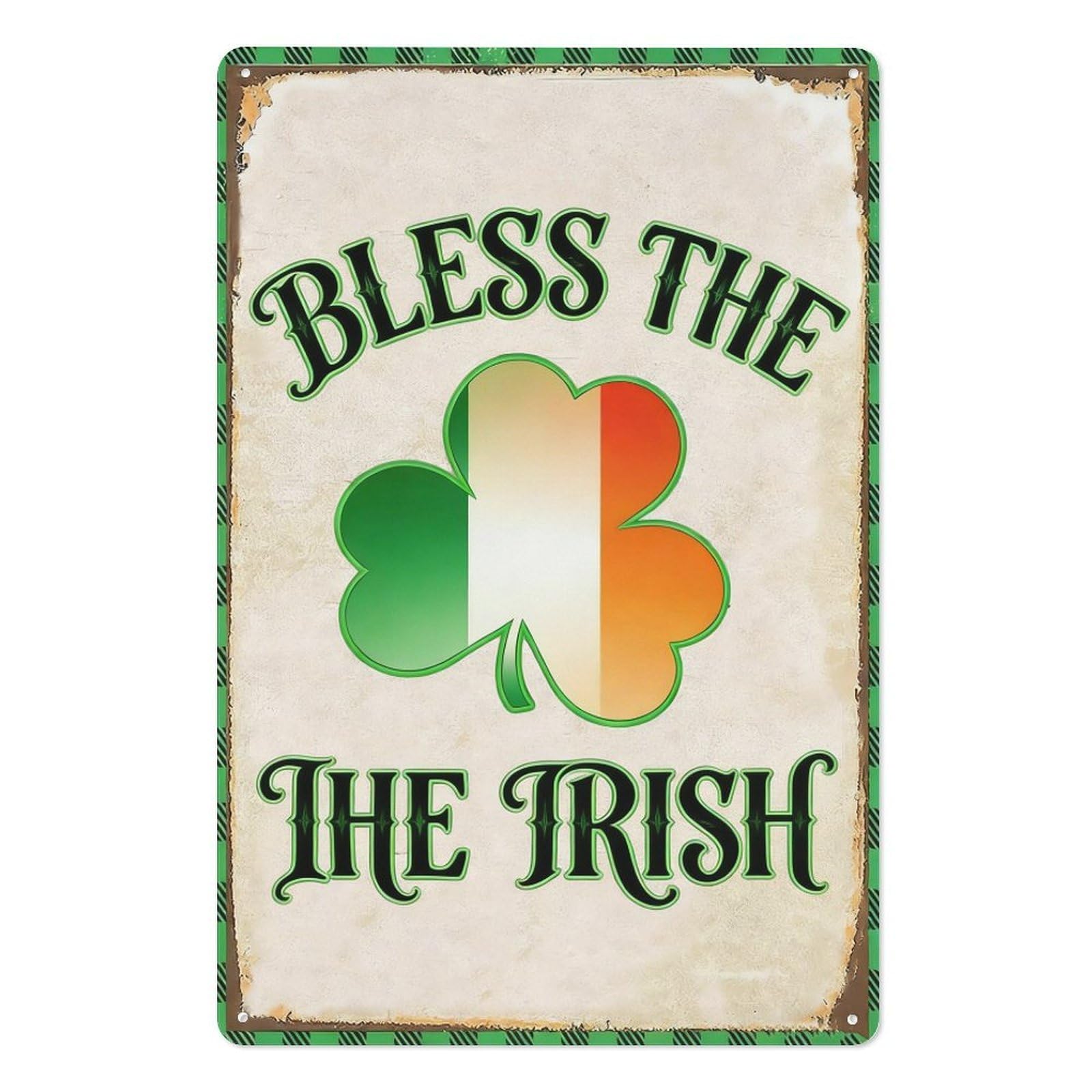 peiyeety Bless the Irish Shamrock Metal Tin Sign 8x12 Inch, Vintage Green Plaid St Patrick’s Day Pub Bar Wall Decor Plaque, Retro Irish Wall Art