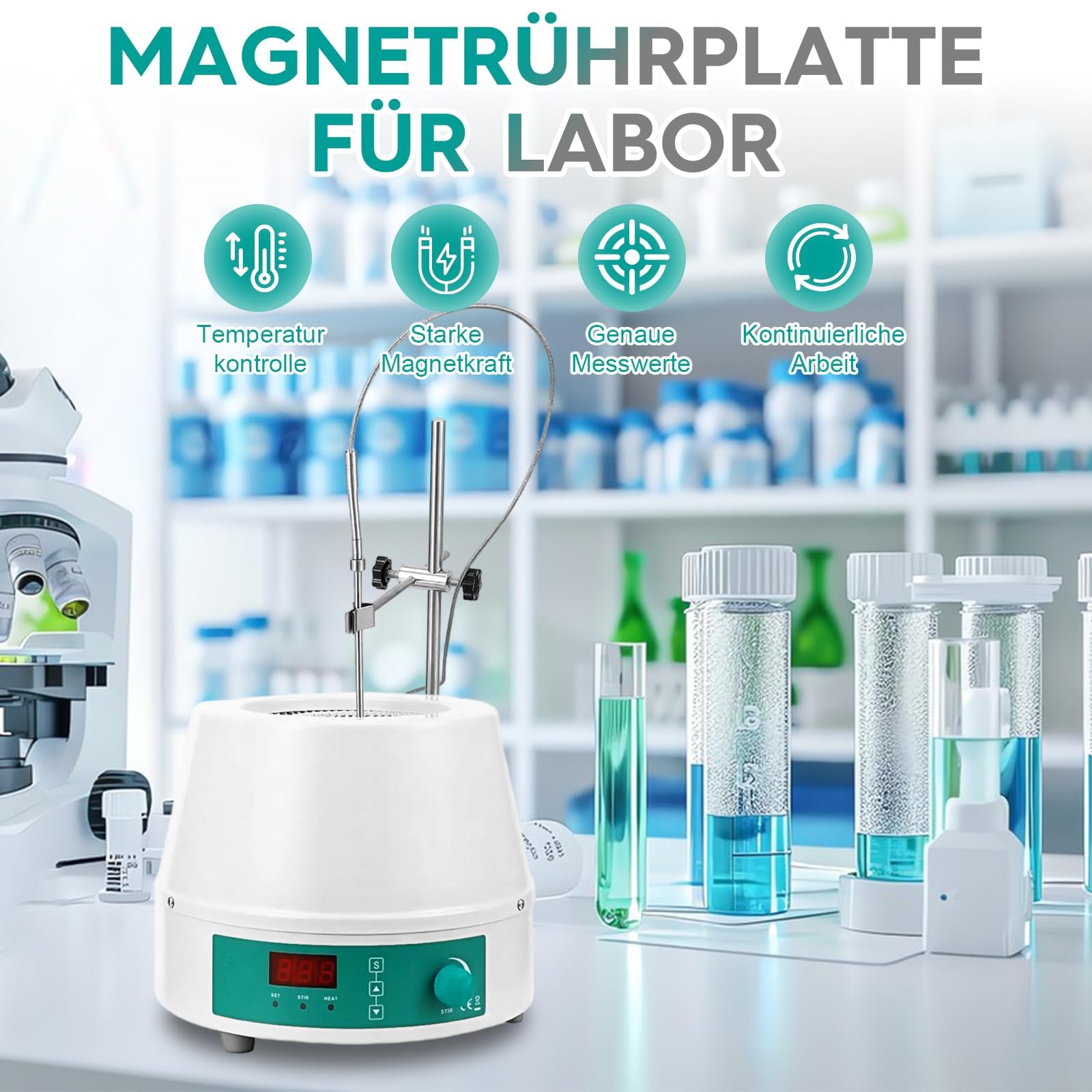 Bata térmica de laboratorio de 1000 ml con indicador digital de temperatura, 0-1600 rpm, 220 V/350 W, temperatura máxima de calentamiento de hasta 450 °C, calentamiento y agitación