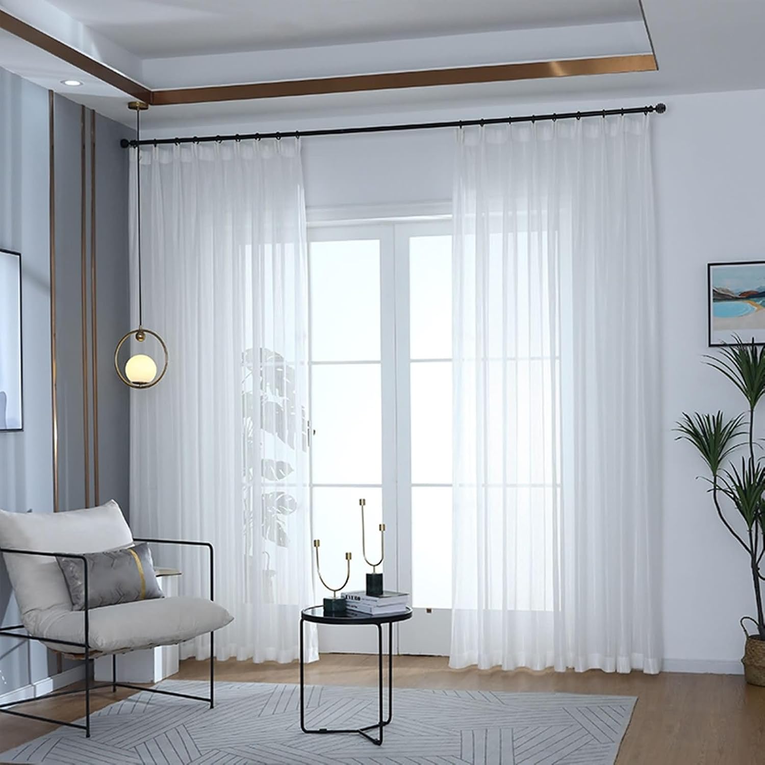 Daesar Window Curtains 2 Panel Sets 63 Inch Length, Eyelet Voile Curtains Solid Color Hollow Leaves Sheer Drapes Window Treatment for Home, Office, Bedroom Living Room, 42x63 Inch White