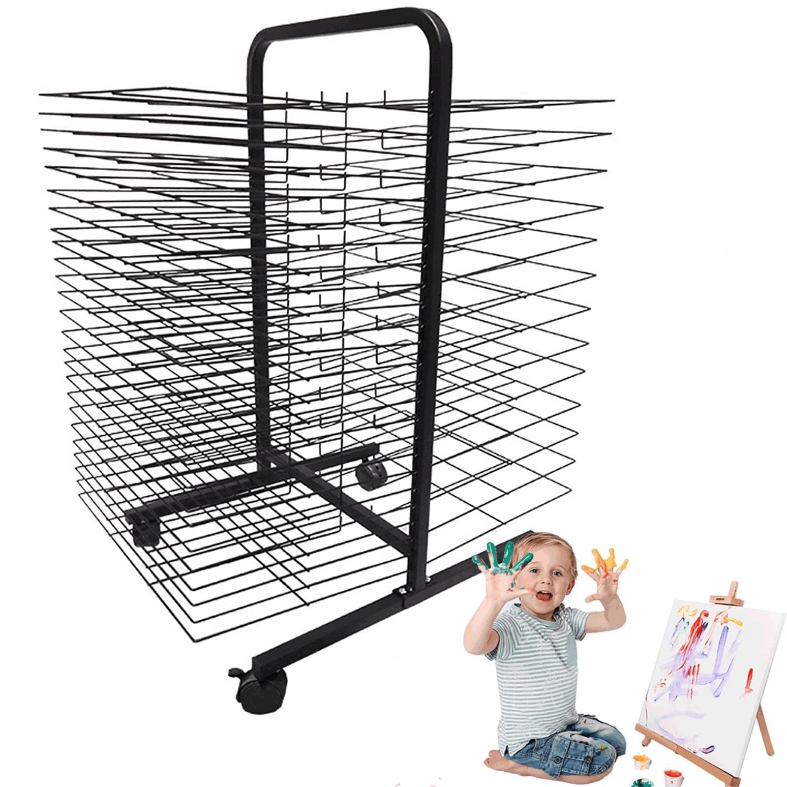 PPXCZZ Mobile Metal Art Drying Rack with 26 Shelves, Powder-Coated Durable Frame, Lockable Wheels for Classroom & Studio(38 Floors)
