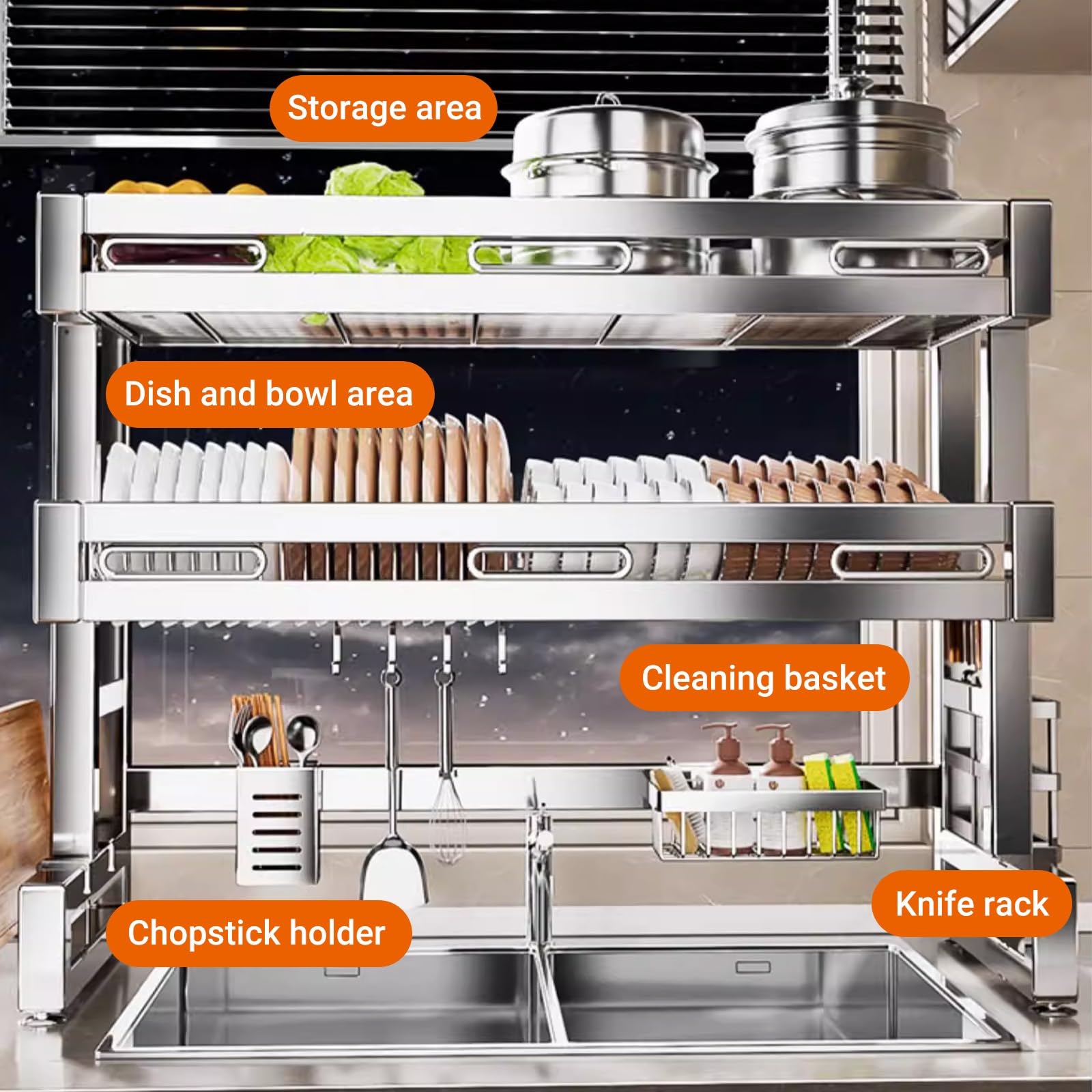 Escurridor de platos de acero inoxidable 304, organizador de encimera de cocina, ahorro de espacio para platos, vasos, cubiertos