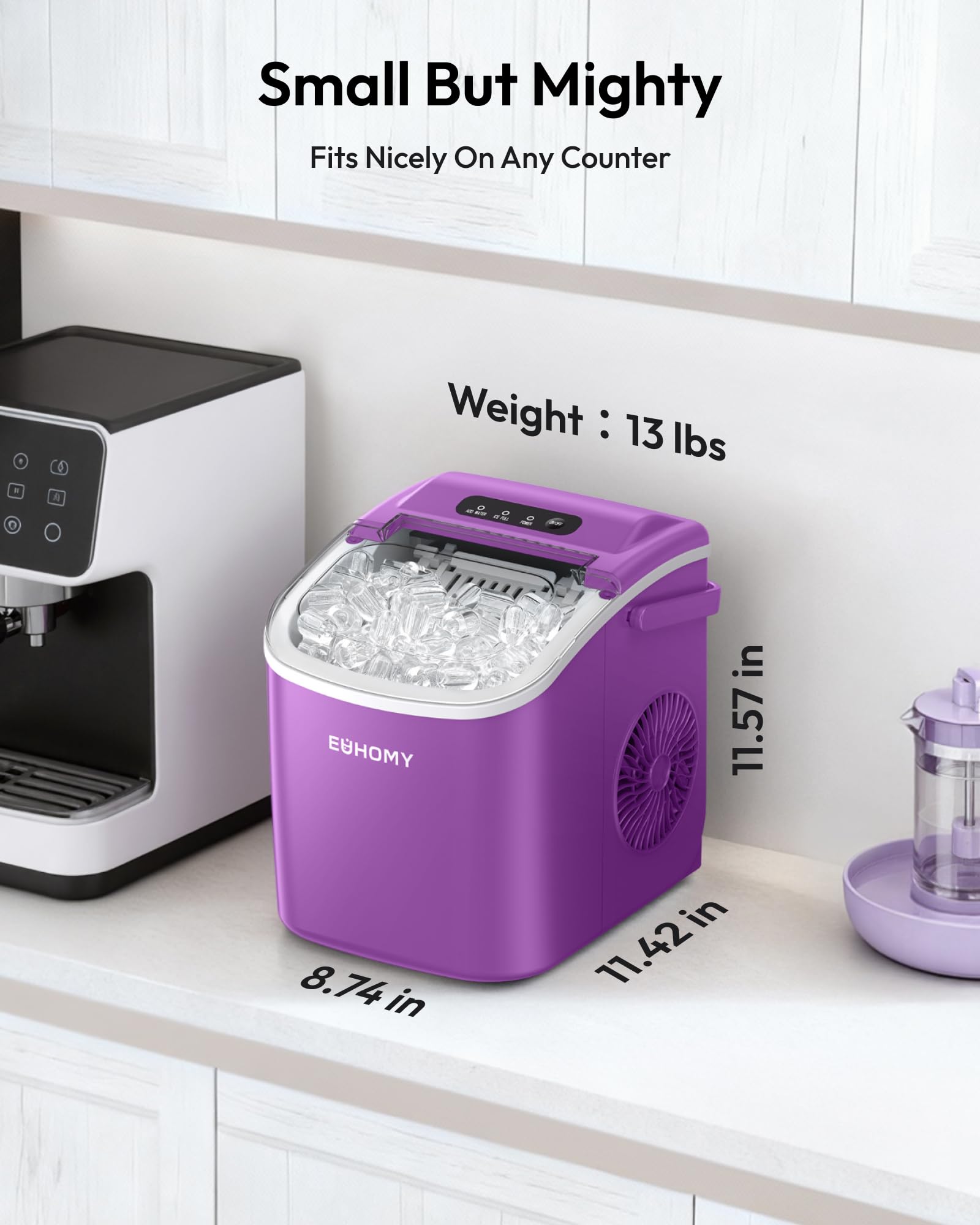 EUHOMY Countertop Ice Maker Machine with Handle, 26lbs Per Day, 9 Ice Cubes Ready in 6 Mins, Auto-Cleaning Portable Ice Maker with Basket and Scoop, for Home/Kitchen/Camping/RV (Purple) view 7
