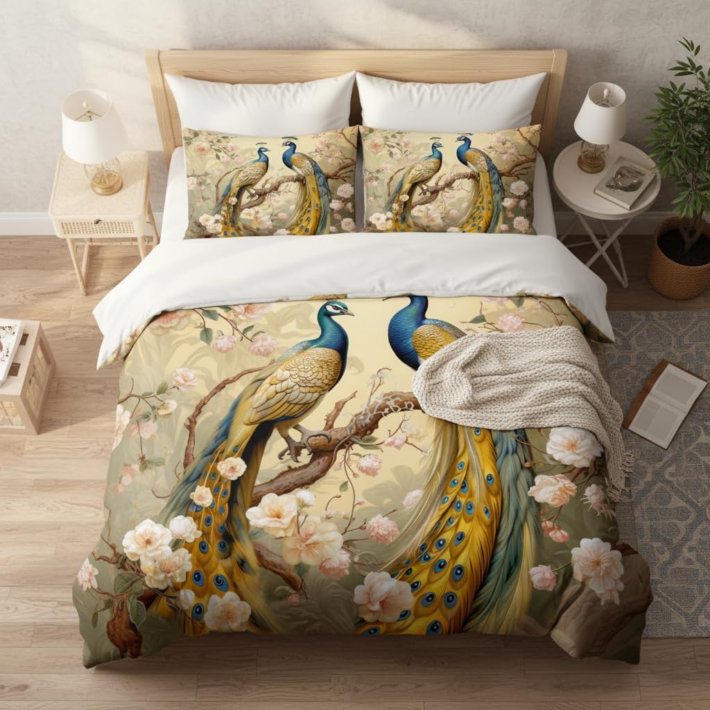 Luxury Peacock Bedding Set King Size, Girls Victorian Bird Floral Quilted Comforter for Adult Women Bedroom Decor, 3 Pcs 2 Pillowcases, 104"x90"