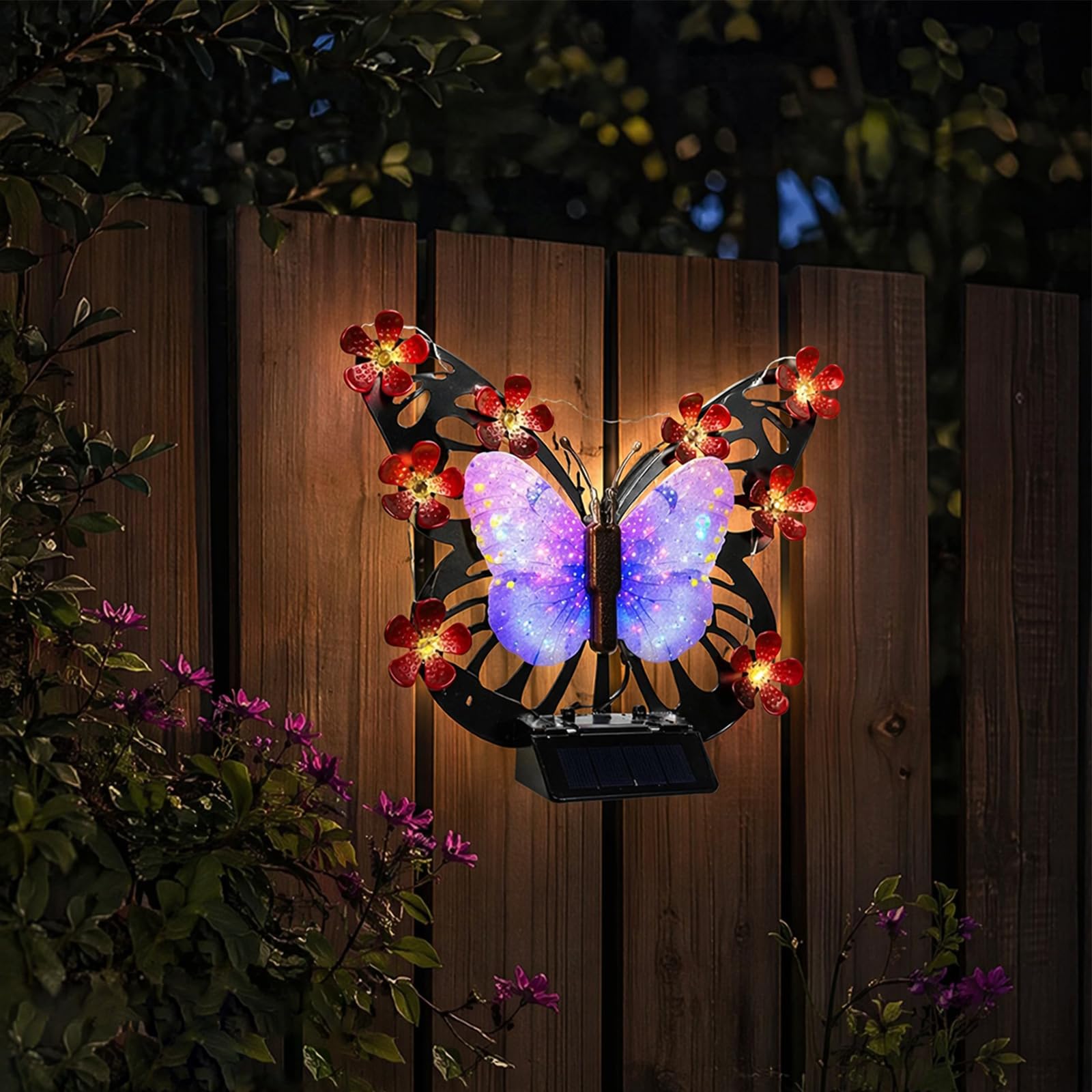 CRGANGZY Solar Butterfly Lights Outdoor, Solar Butterfly Garden Wall Decor LED Light, Metal Butterflies Illuminated Fence Lamp Hanging Sculpture for Patio Porch Yard Garden Decoration