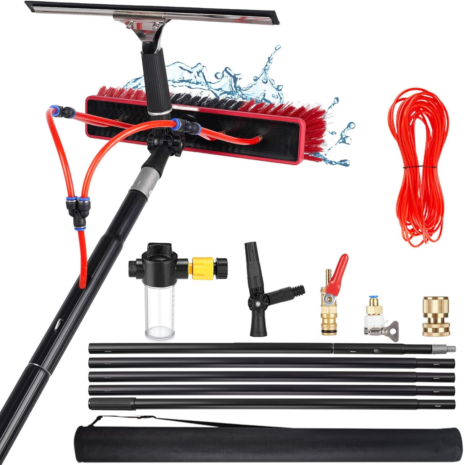 Extendable 5m Window Brush - Water-Fed Pole with Adjustable Squeegee Soap Dispenser & Hose Connector for Solar Panels Roofs & Cars - 35cm Cleaning Tool