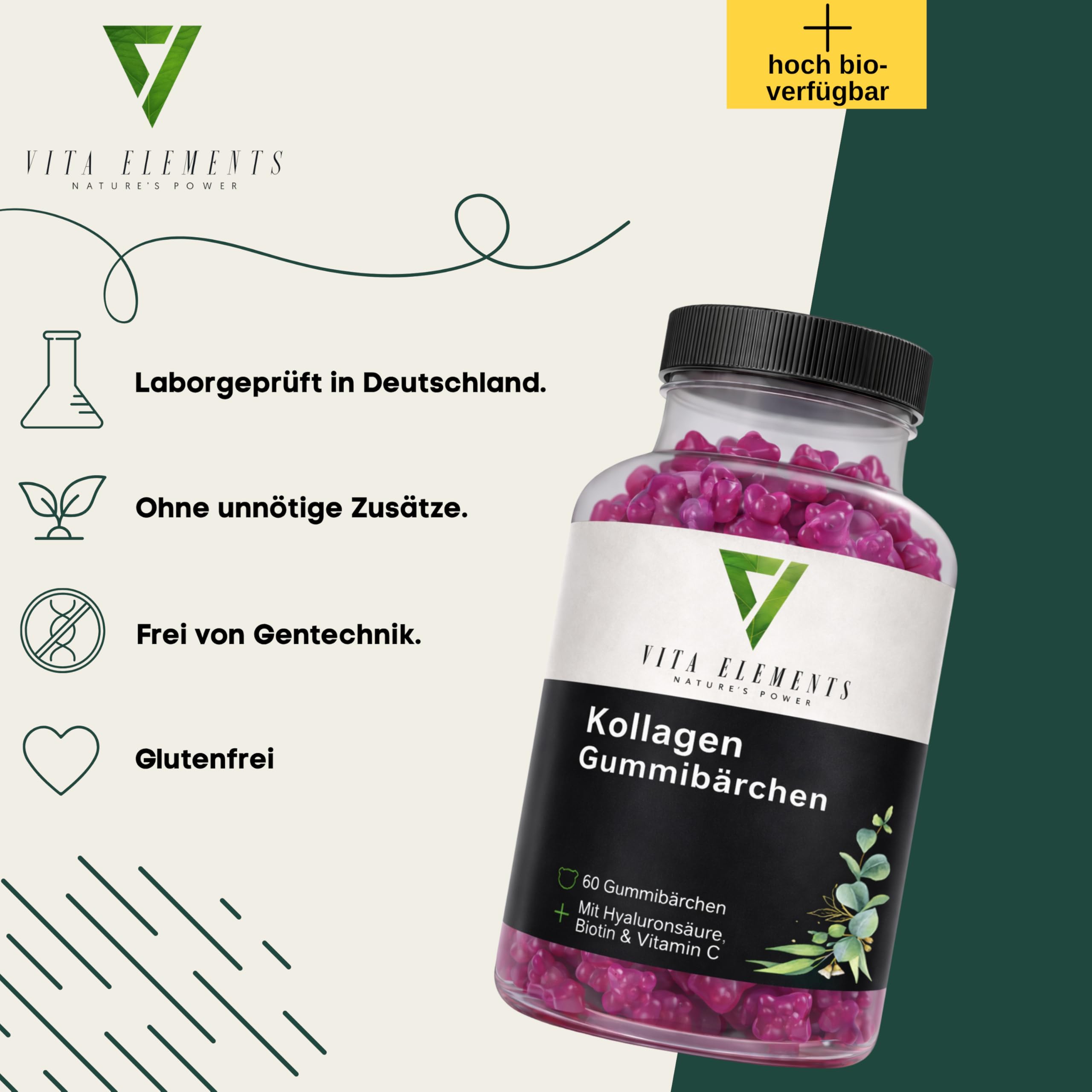Vita Elements Beauty Kollagen Gummies - 60 Stück - Mit Biotin, Vitamin C & Glutathion - Glutenfrei - Ohne künstliche Zusätze - Laborgeprüft (3)
