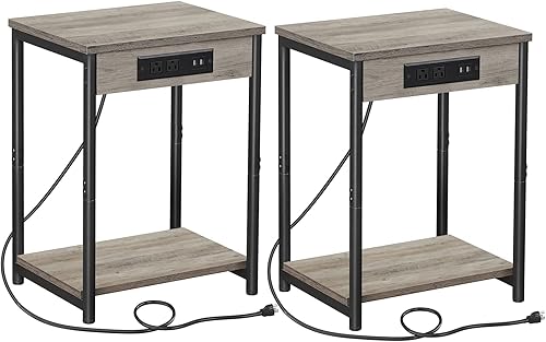 Miniatura 39 de TUTOTAK Mesita de noche con estación de carga, juego de 2, mesa auxiliar, mesa auxiliar con USB, mesita de noche de 21.8 pulgadas de alto con
