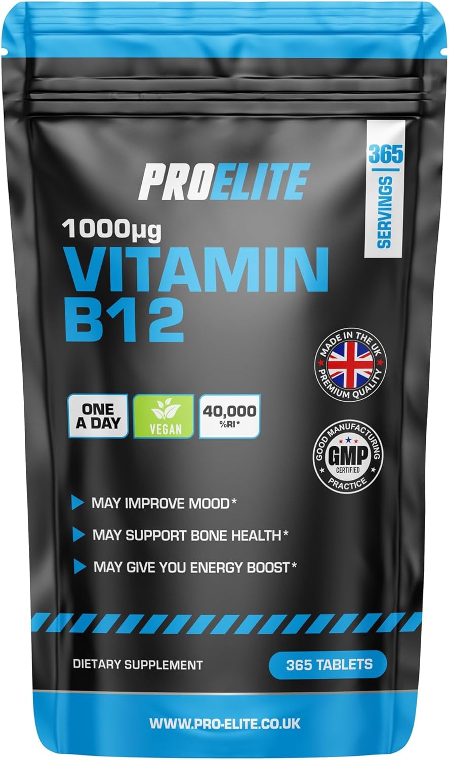 Vitamin B12 365 Tablets High Strength 1000mcg Vegan B12 Supplement | Pure Methylcobalamin | Tiredness and Fatigue Tablets | Immunity Supplements Made in UK by PROELITE