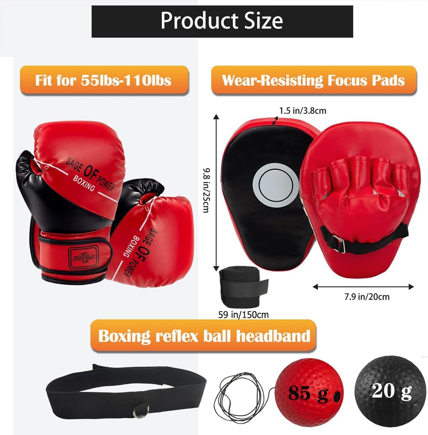 4-in-1 Boxing Gloves and Punching Mitts Set for Kids, Youth Boxing Gloves Focus Pads with Reflex Ball, Kids Sparring Equipment for MMA, Karate, Muay Thai, Taekwondo