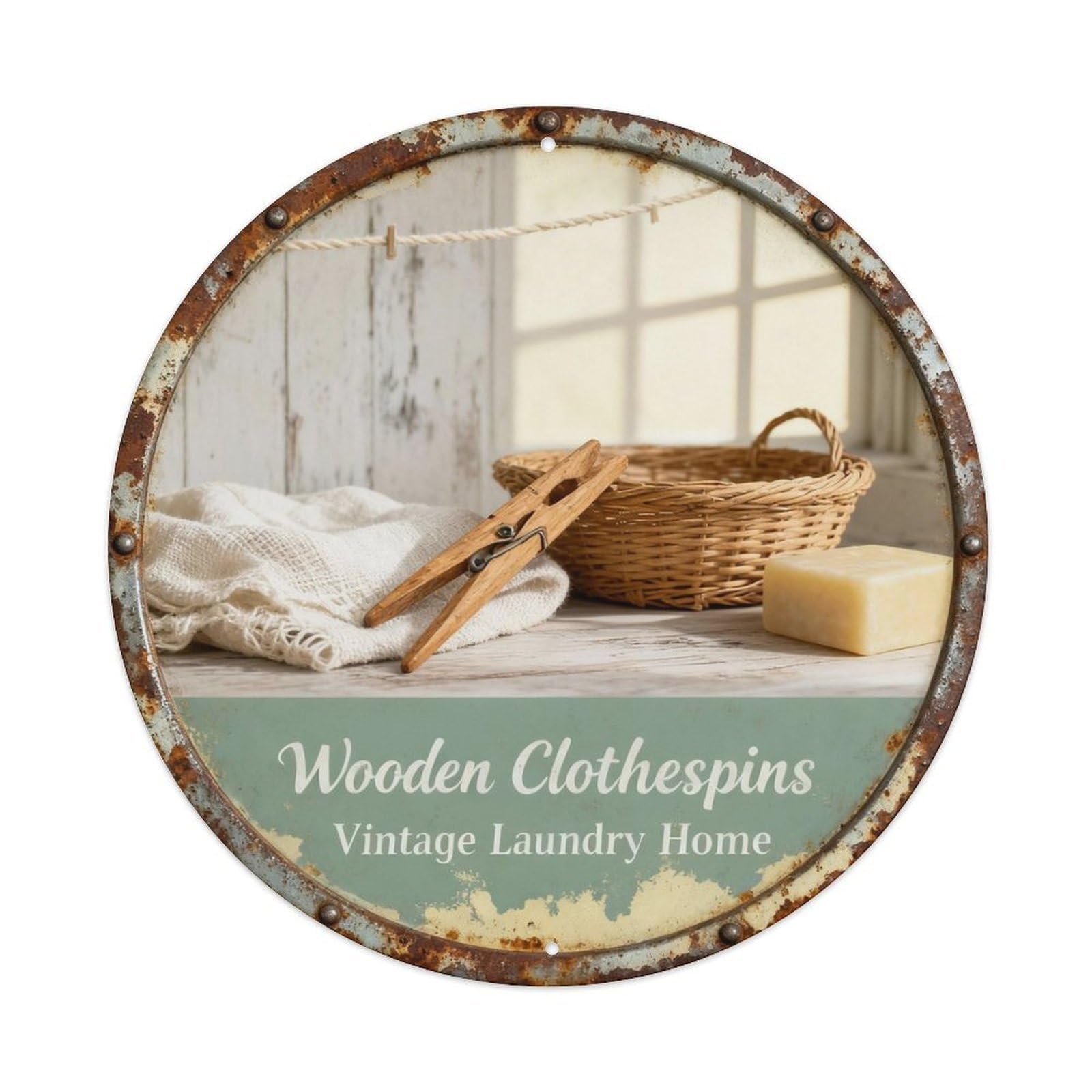 Wooden Clothespins Metal Tin Sign Plaque