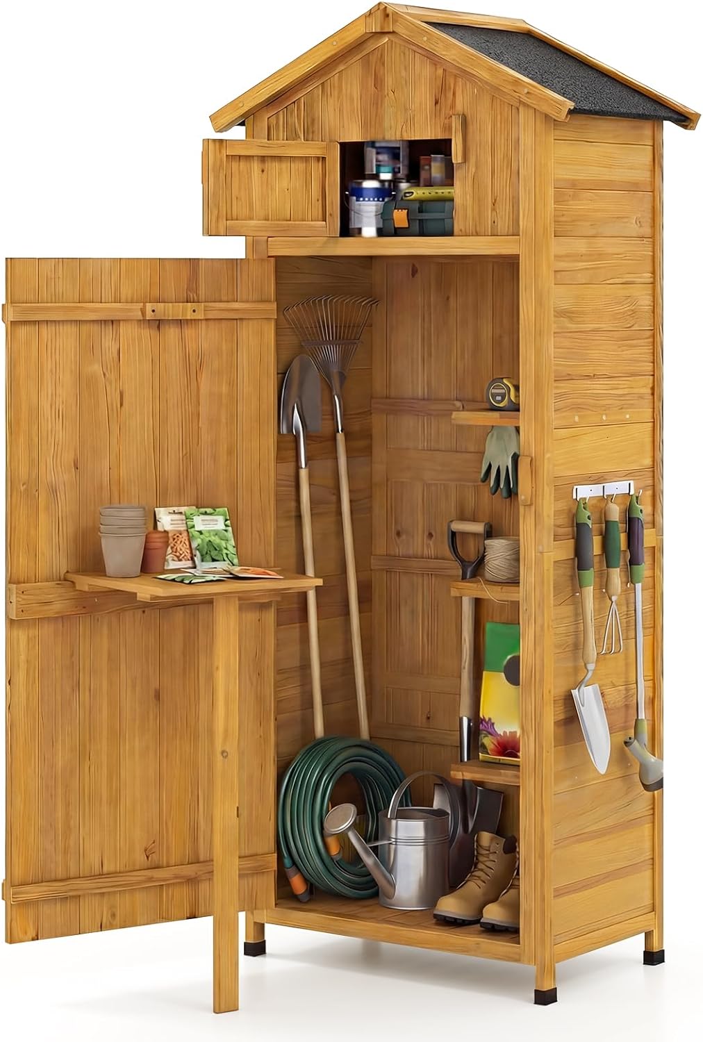 Goplus 70" Wooden Outdoor Storage Shed: Lockable Garden Tool Organizer with Foldable Work Table, Shelves, Hooks & Weatherproof Design