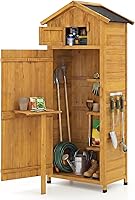 Goplus 70" Wooden Outdoor Storage Shed: Lockable Garden Tool Organizer with Foldable Work Table, Shelves, Hooks & Weatherproof Design