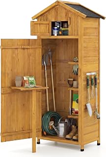 Goplus 70" Wooden Outdoor Storage Shed: Lockable Garden Tool Organizer with Foldable Work Table, Shelves, Hooks & Weatherproof Design