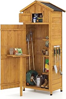 Goplus All-in-One Storage Shed, 70" Tall Wooden Lockable Cabinet w/Foldable Work Table, Vertical Utility Tool Organizer w/Shelves & Hooks, Waterproof Garden Shed for Patio Backyard (Natural)