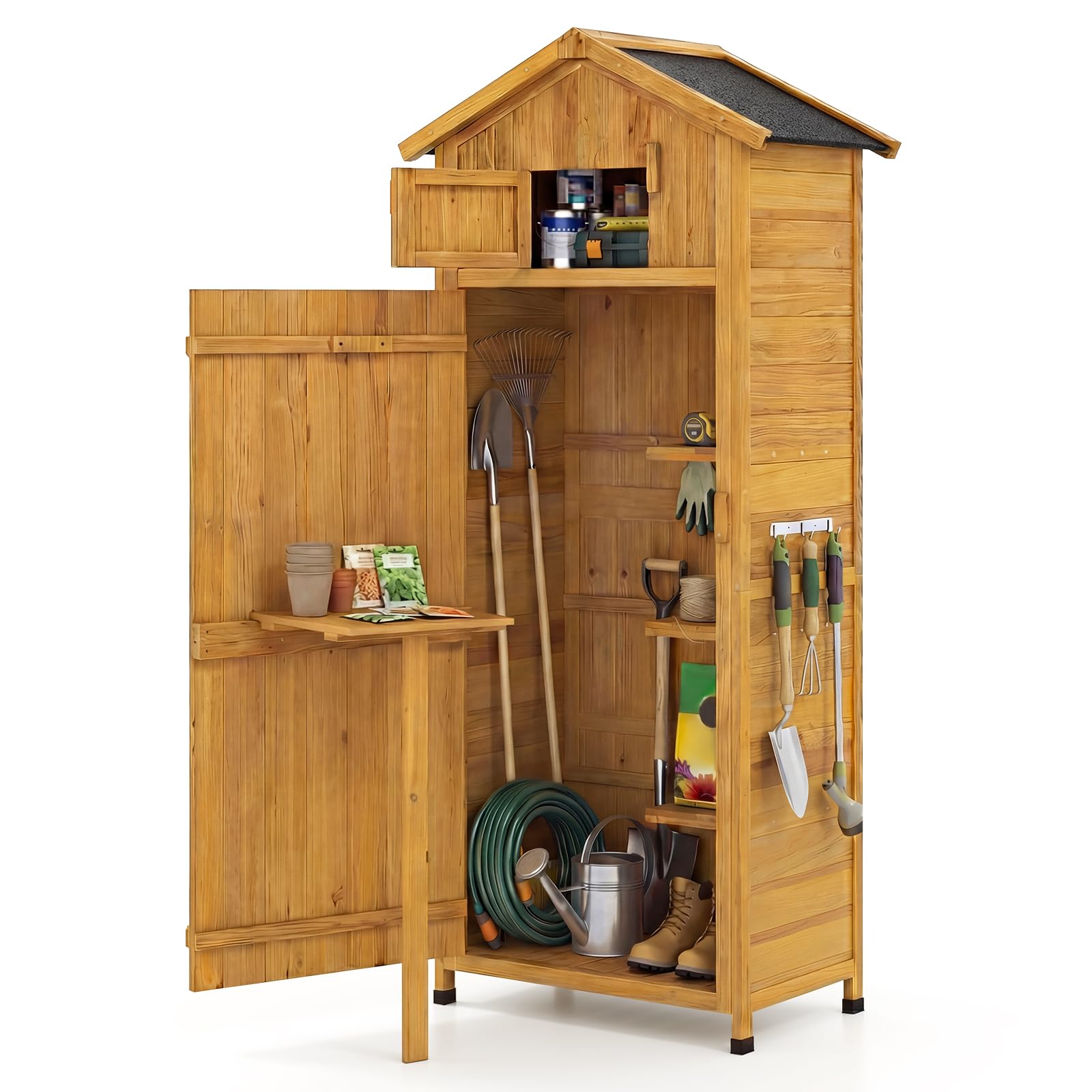 All-in-One Storage Shed, 70" Tall Wooden Lockable Cabinet w/Foldable Work Table, Vertical Utility Tool Organizer w/Shelves & Hooks, Waterproof Garden Shed for Patio Backyard (Natural)