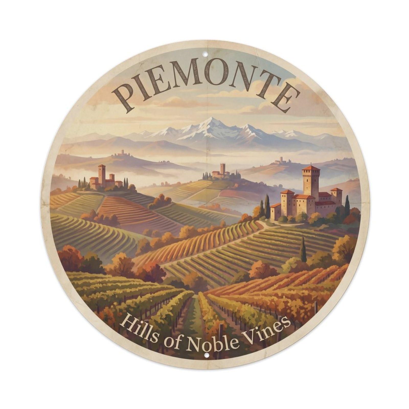 Vintage Travel Piedmont Vineyards Italy Metal Tin Sign Plaque Wall Decor for Cafe, Club Bar, Office, Home Garden Round Metal Poster 8x8Inch