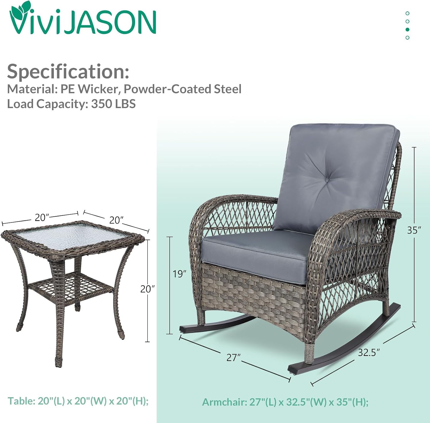 VIVIJASON 3-Piece Outdoor Conversation Bistro Set, Patio Wicker Rocking Chairs Rattan Furniture Sets w/ 2 Rattan Chairs, Cushions, Glass Top Side Table for Garden Porch Backyard (Grey)