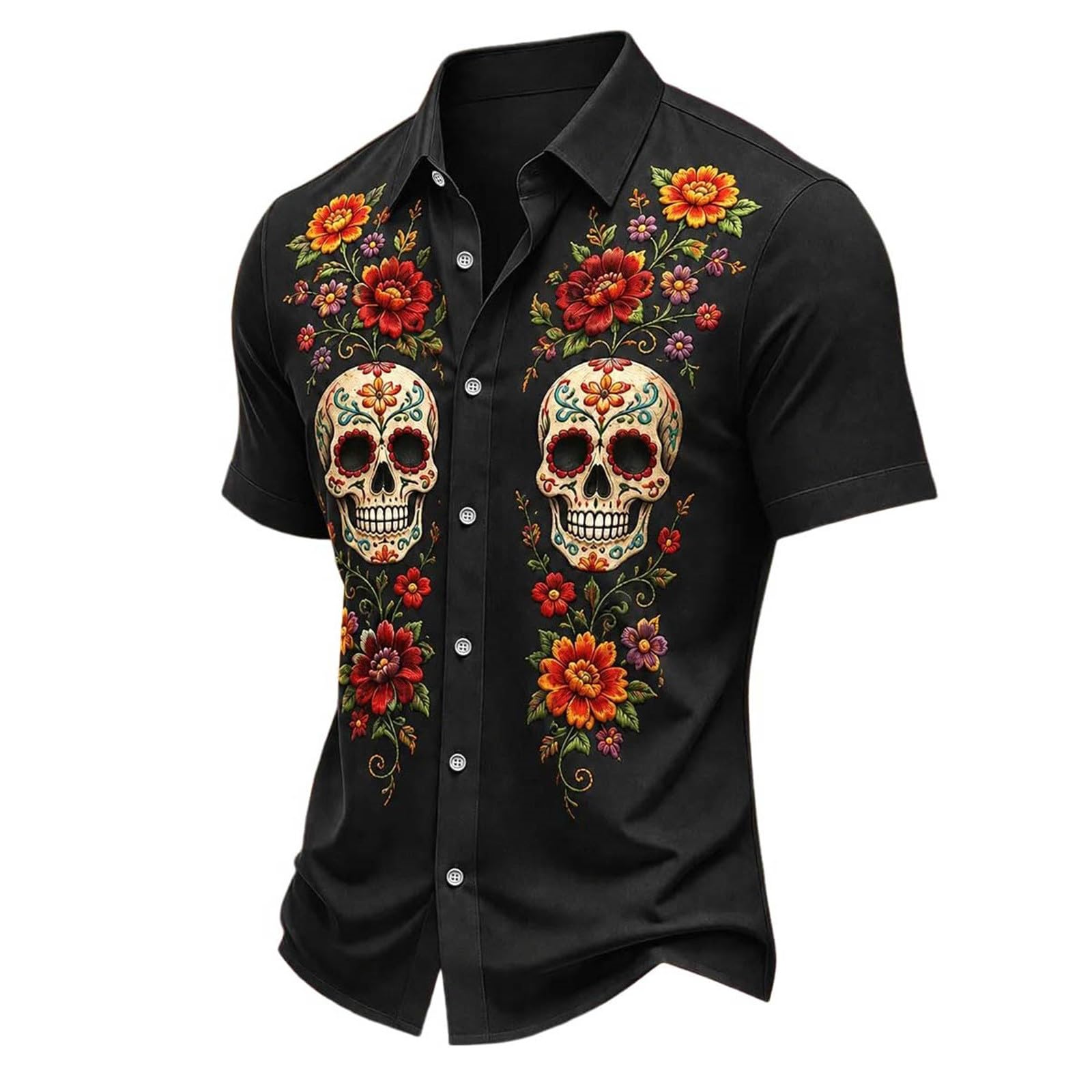 Halloween Shirt Men,Skull Shirt Mens Short-Sleeve Day of The Dead Floral Skull Goth Casual with Button-Down Fit Spooky Party Wear Funny Graphic Vintage Style Casual Outfits