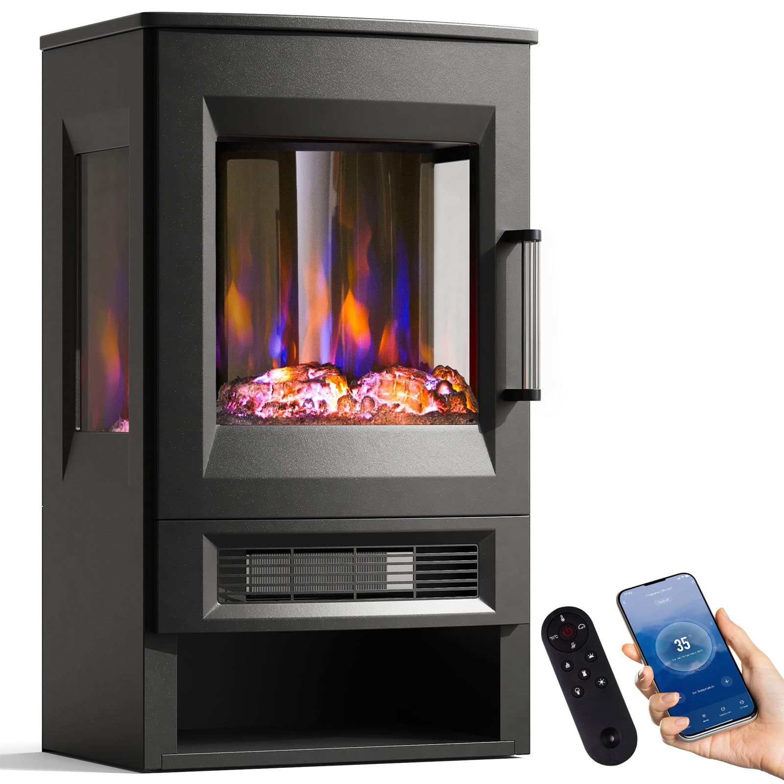 INMOZATAElectric Fire Stove 3D Glass Display Freestanding Electric Fireplace with 8 Flame Effect & 8 Ember Bed Effect Available, Overheat Protection & 45° Tip Over Protection, APP & Remote Control
