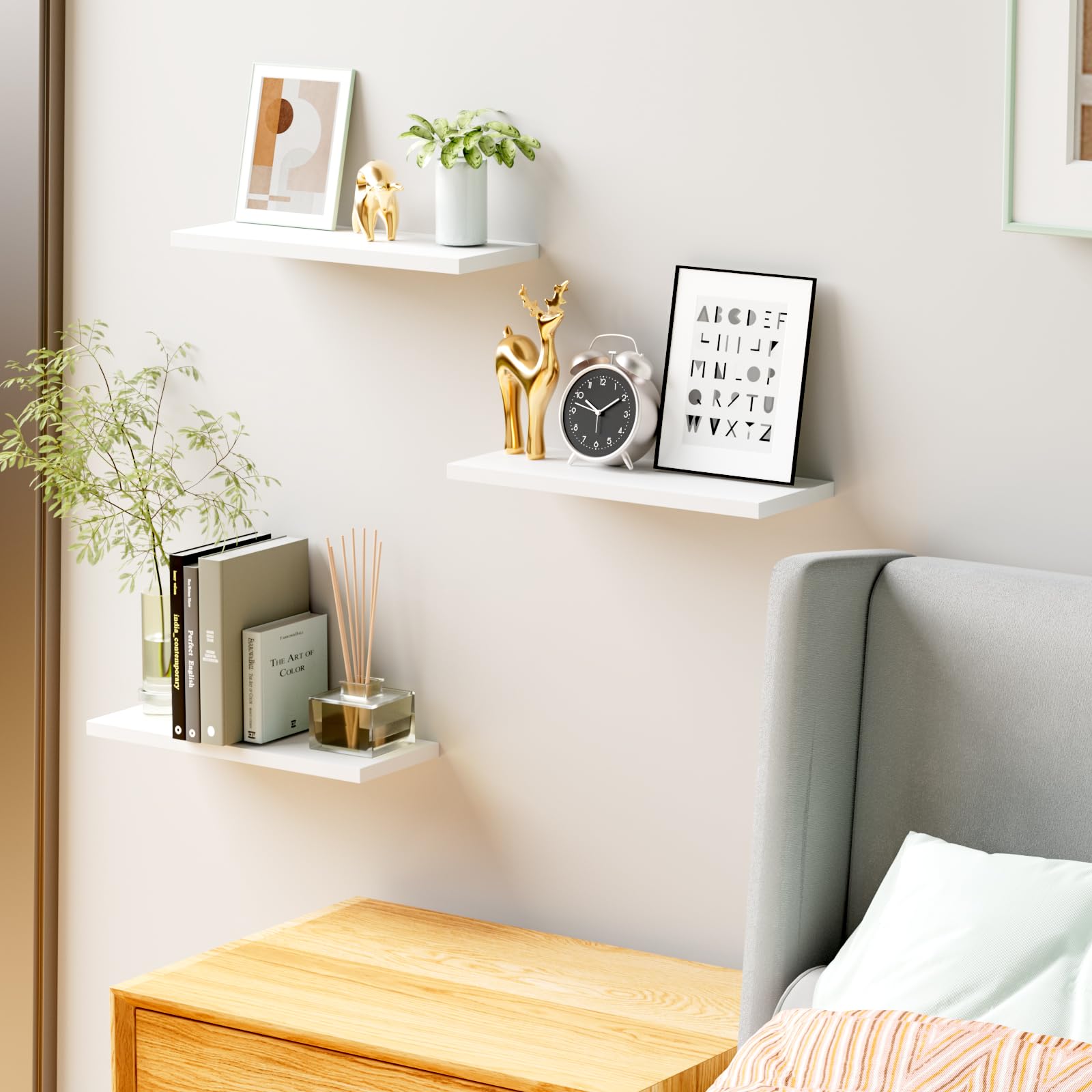 OUDIE Wandregal Weiß, 3er-Set Schweberegal, Moderne Weiss Wand Regal, Dekorative Wandregal, Verwendung für Wohnzimmer, Küche, Schlafzimmer, Büro, Flur und mehr