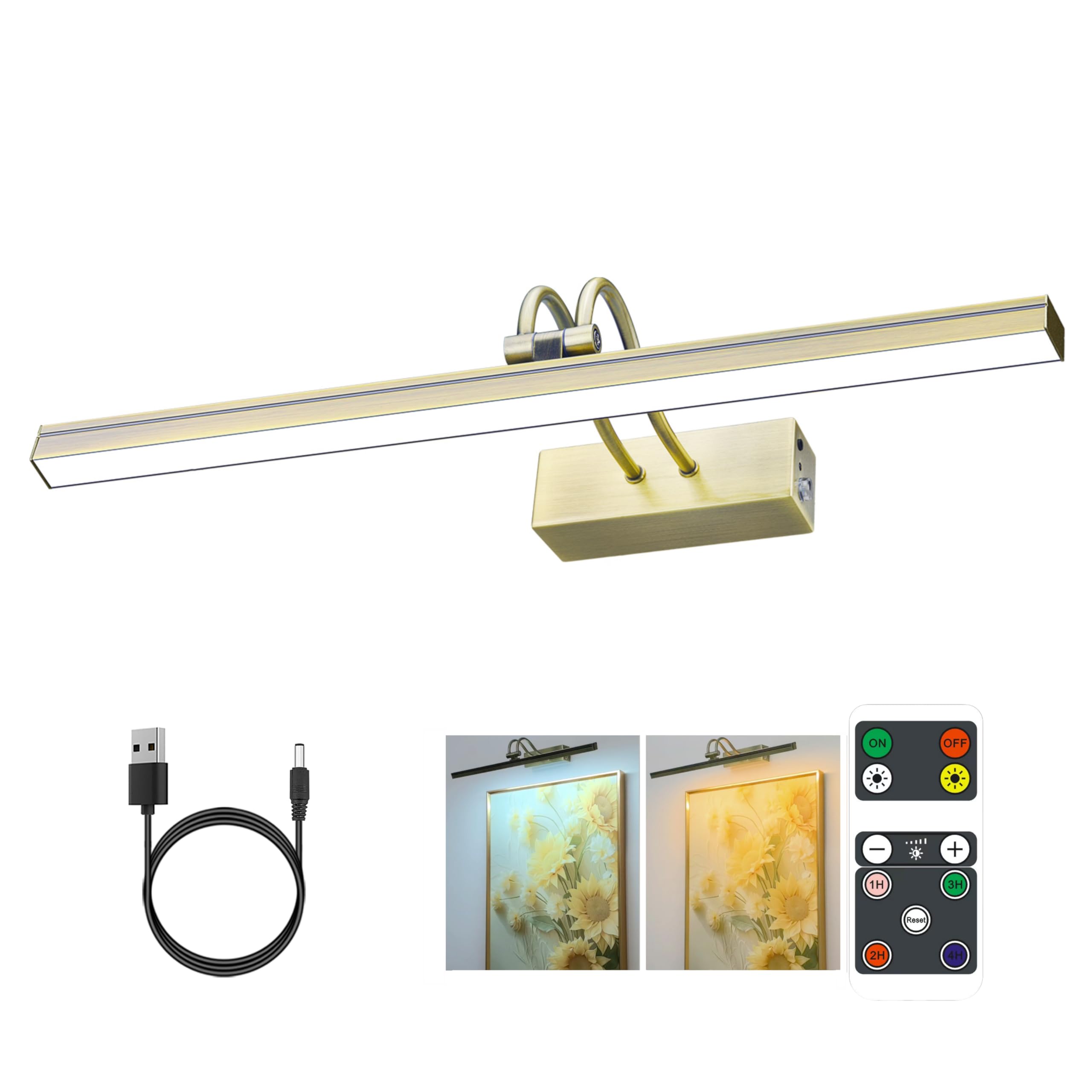 FUNCHDAYWireless Picture Light, 2 Colors Wall Lights for Pictures Frame, 5000mAh Rechargeable Battery Art Lighting for Paintings, Dimming Timing Gallery Artwork Light (Antique Brass)