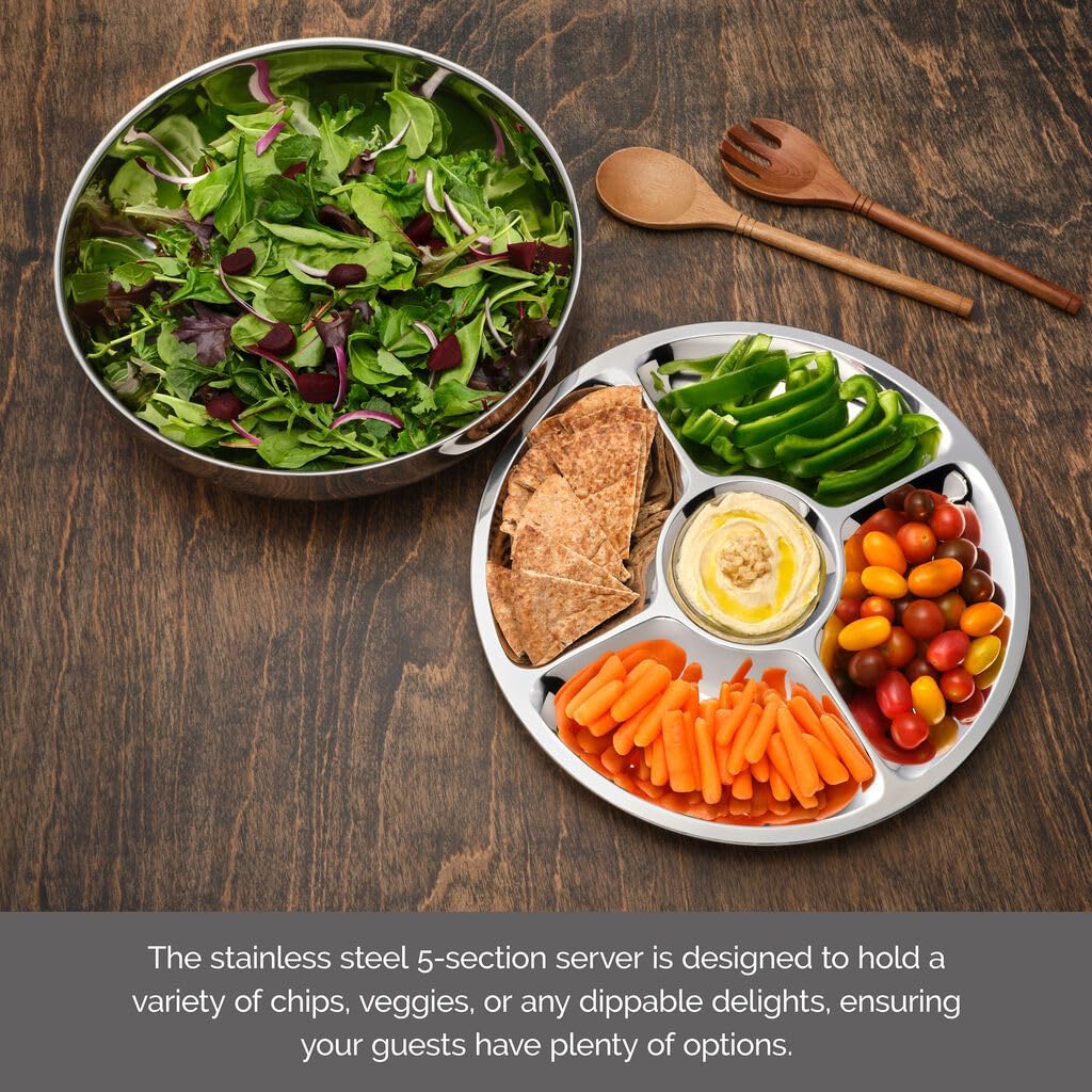 Mikasa Luxe 2 Piece Stainless Steel Serving Set with Divided Top Tray and Bowl Base,Elegant Mirror Finish Server Perfect for Shrimp, Seafood, and Appetizers