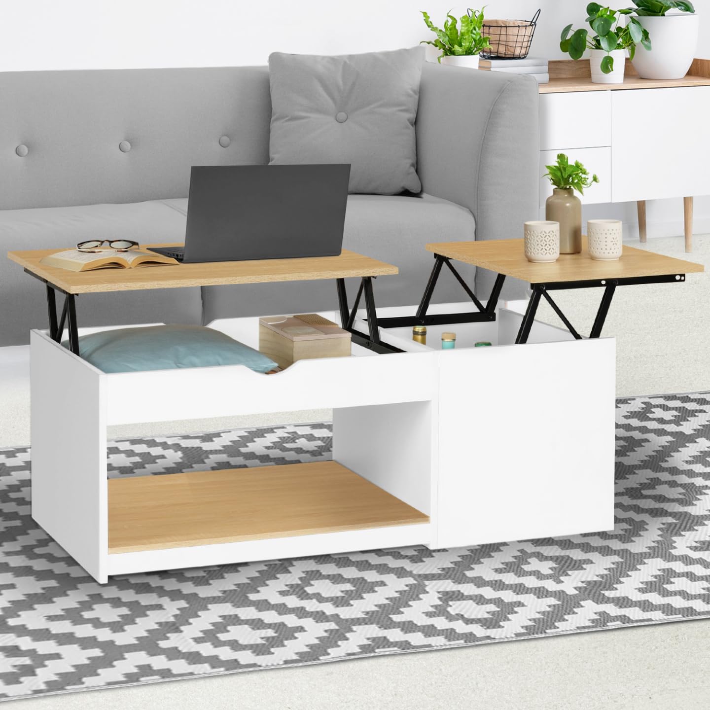 IDMarket - Table Basse Coffre 2 Plateaux relevables ELEA Blanc et Bois