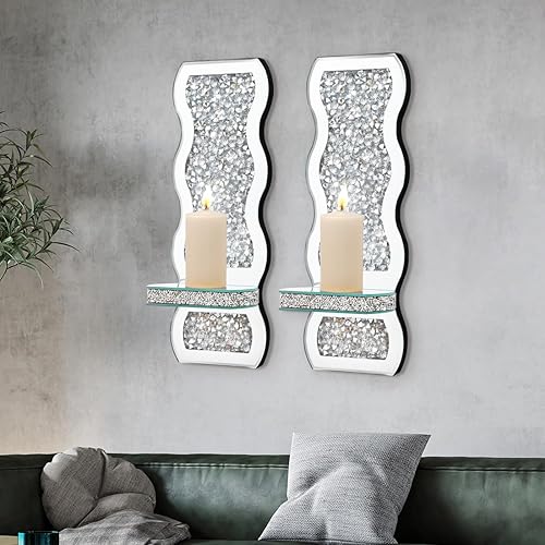 Miniatura 5 de Crystal Crush - Juego de 2 candelabros con espejo de diamante, juego de 2 candelabros de pared plateados, decoración de pared para sala de estar,