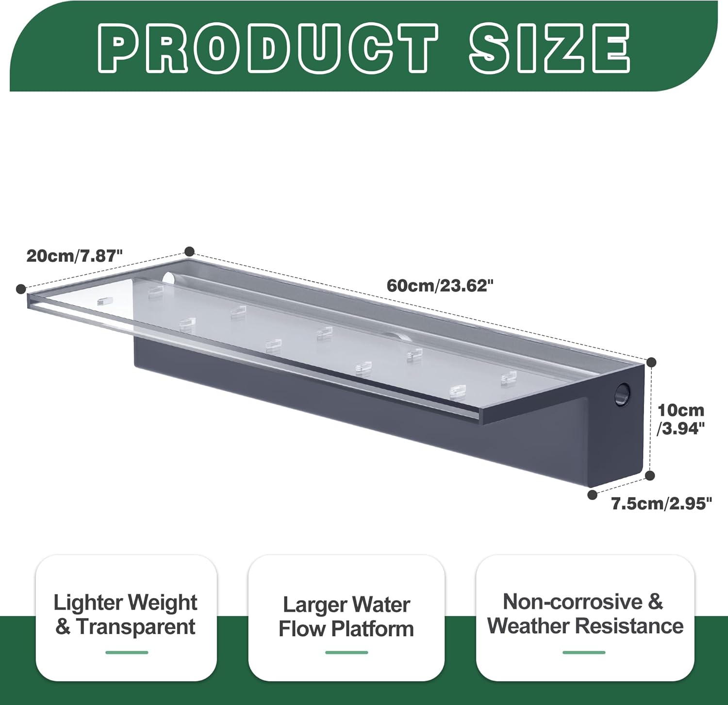 pool fountain, longrunnew transparent acrylic pool waterfall spillway with pipe connector kits for indoor/outdoor decorative, 23.6 inches pool water feature for garden patio, backyard koi pond decor acrylic 24 inch-wider