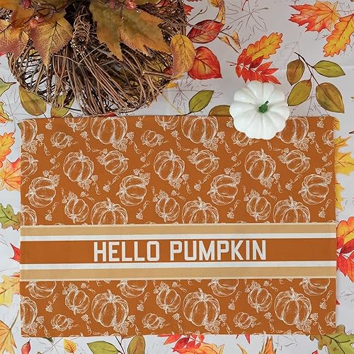 Miniatura 3 de ARKENY AP447-18 - Juego de 4 manteles individuales de otoño de 12 x 18 pulgadas, diseño de calabaza con texto "Hello Pumpkin" dibujado a mano,