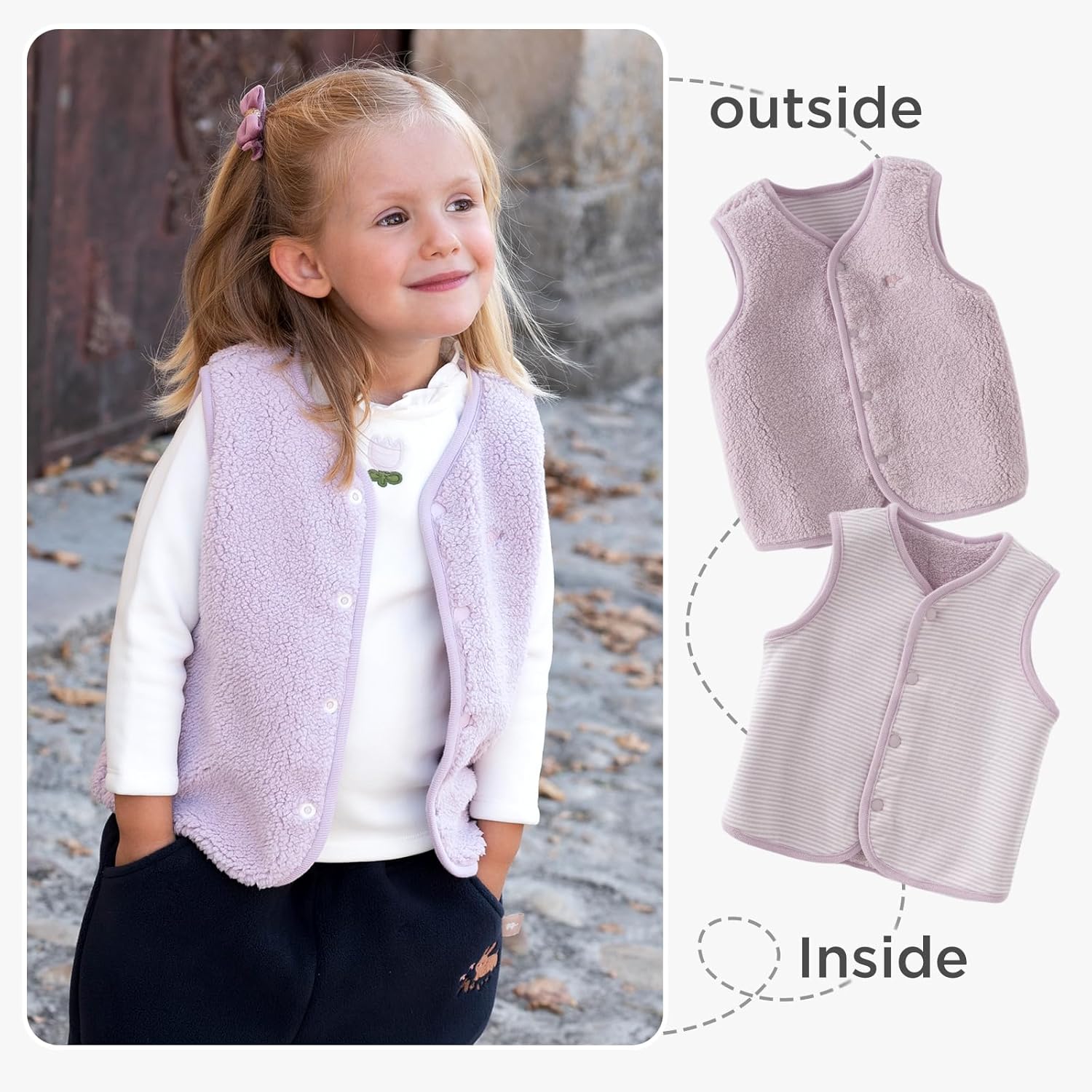 DAVE&BELLA Toddler Vest for Girls Boy, Sleeveless Reversible Sherpa Fleece Vest Fall Winter Button Down Waistcoat Outerwear - Image 3