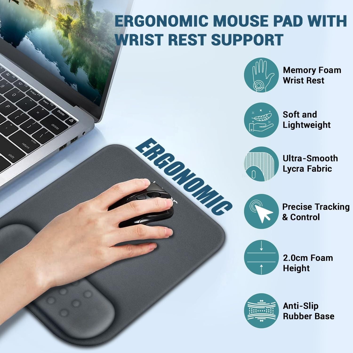 Tukzer Gel Mouse Pad Wrist Rest Memory-Foam Ergonomic Mousepad| Cushion Wrist Support & Pain Relief| Suitable for Gaming, Computer, Laptop, Home & Office Non-Slip Rubber Base (Grey) — Amazon image 3