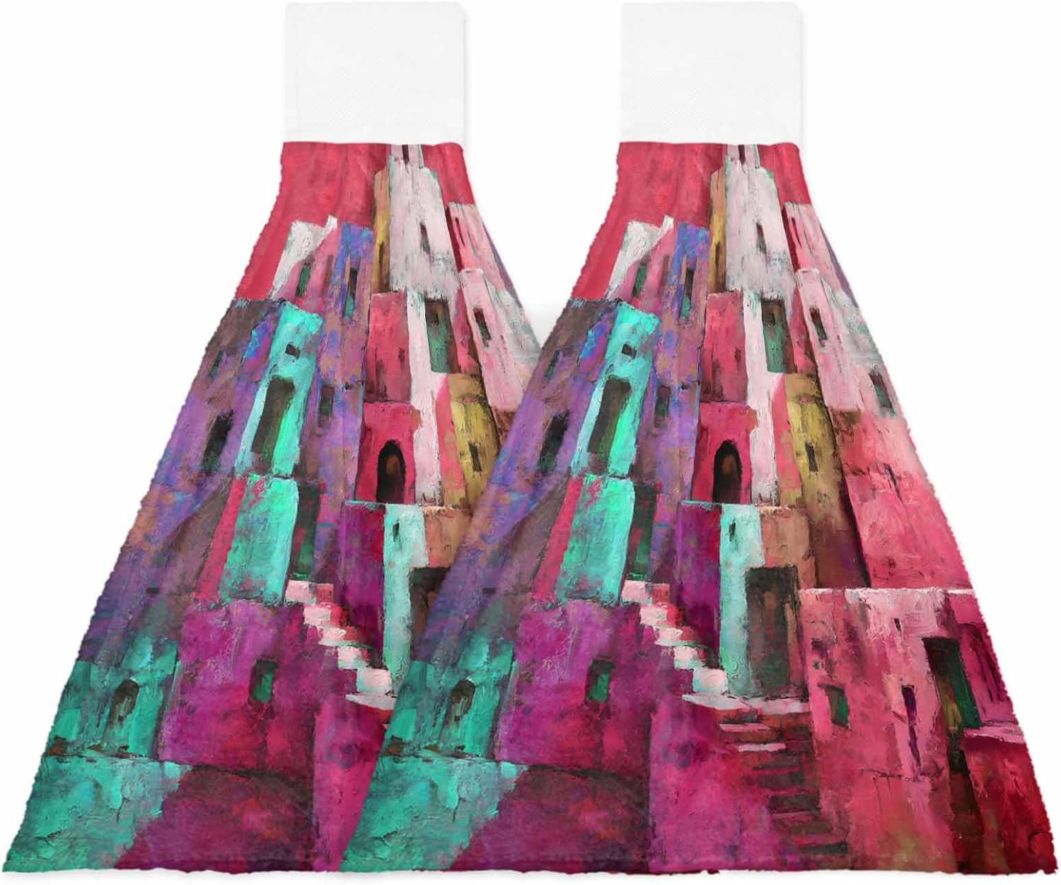 Abstract Red Kitchen Hand Towels with Hanging Loops Set of 2 Painting Buildings Geometric Color Block Soft Thick Oven Fingertip Dry Microfiber Tie Dish Towel Absorbent Cleaning Washcloth for Bathroom